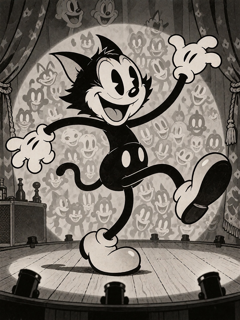 An original rubber hose cartoon cat-like character dancing on a small stage under a spotlight,  huge grin,  pie-cut eyes o...