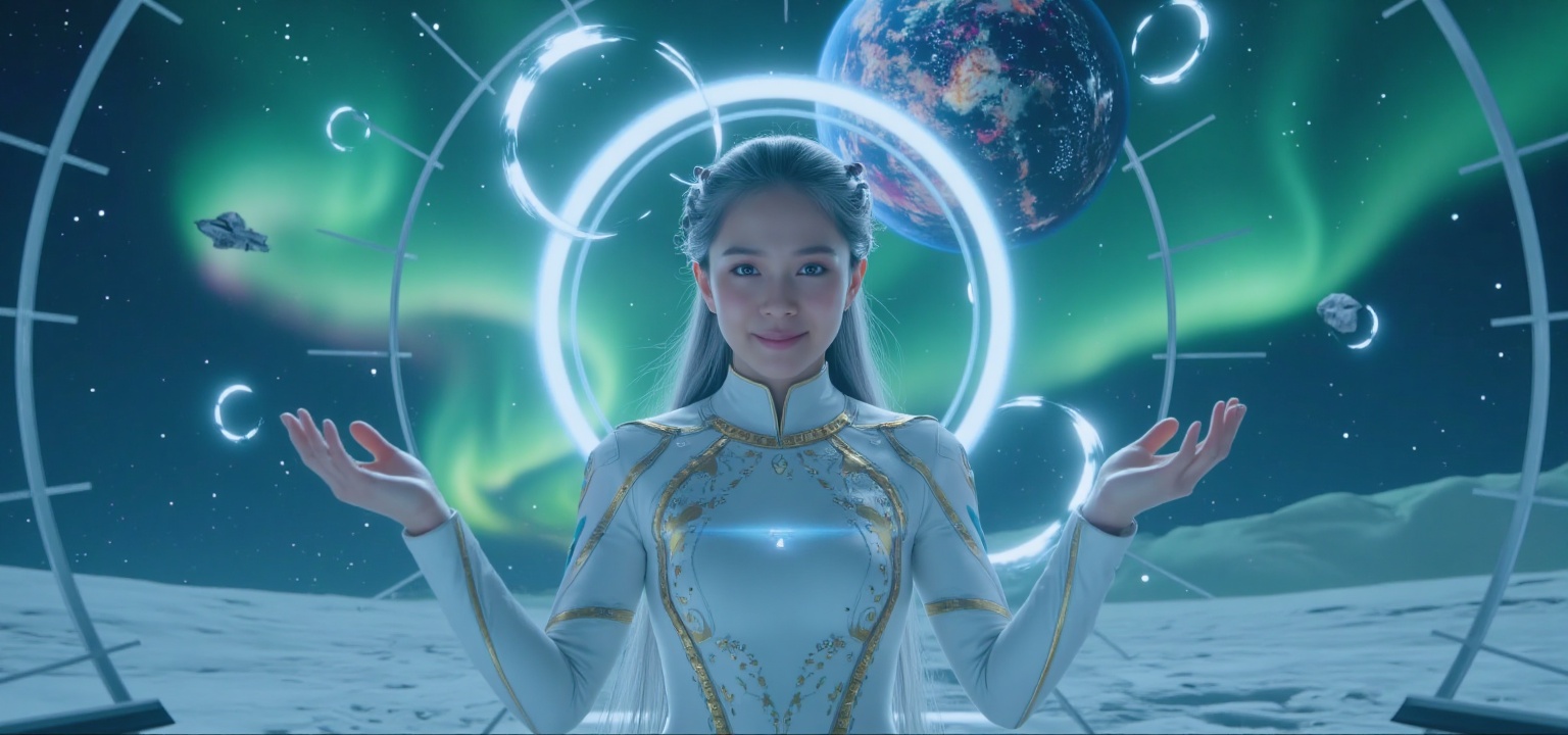 A science fiction film. The visual texture is incredibly,incredibly,incredibly realistic. On a distant icy planet,a massive crystal dome stands at the end of an expansive ice plain. Through the dome,one can see the flowing auroras outside,which resemble rainbow dragons from mythology,wandering freely in the night sky.,The female protagonist stands at the center of the dome. She wears a tight-fitting combat suit in white-gold,studded with tiny holographic patterns that flicker slightly with her breath. Her silver hair cascades down **** moonlight but is firmly held in place at the back of her head by a uniquely styled celestial hair clip. The clip emits a faint blue glow,perfectly complementing her ice-blue eyes.,Her appearance is breathtaking,with a high nose bridge,delicate lip lines,and a pair of eyes that seem to see through hearts. She has a calm yet resolute expression on her face,revealing a hint of unknown softness. Her gaze seems to hold stories of a thousand years,making one unable to resist exploring her inner world.,She gently raises her hands,and a small,luminous planet hovers before her. It is a miniature model of the universe,containing countless galaxies and stars. Her fingertips lightly sweep over it,causing the galaxies to flow and form beautiful trajectories,leaving brilliant traces in the air.,Suddenly,six floating halos appear behind her,each carrying different energy fluctuations. They slowly revolve around her body,enveloping her in a mysterious halo of light. She smiles slightly,a smile that conveys an immense sense of warmth and power.,