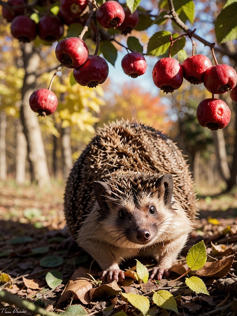Flora,  autumn,  a hedgehog with mushrooms and berries on its back on needles on Tensor.Art