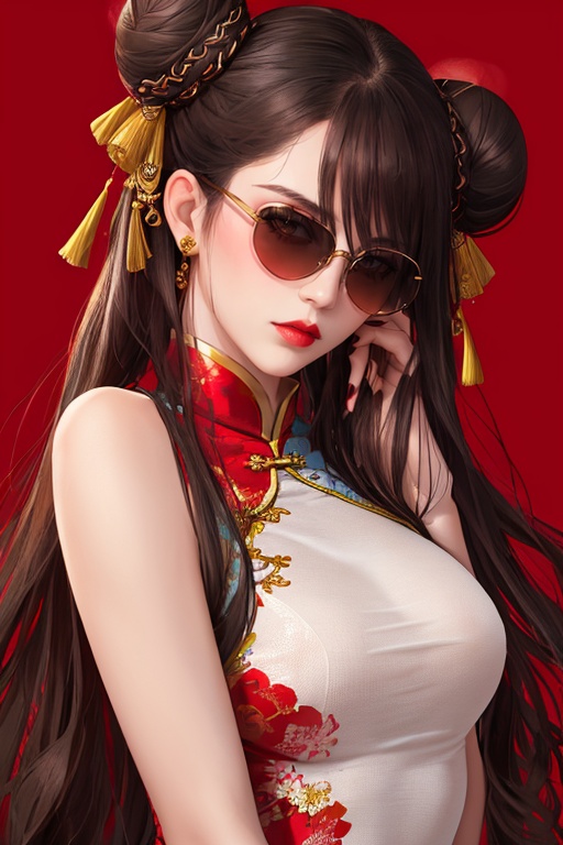 <lora:sdxl_National fashion:1>,masterpiece,best quality,1girl,solo,chinese clothes,sunglasses,china dress,double bun,nail polish,hair bun,dress,hair ornament,red background,looking at viewer,upper body,red nails,brown eyes,realistic,lips,makeup,
