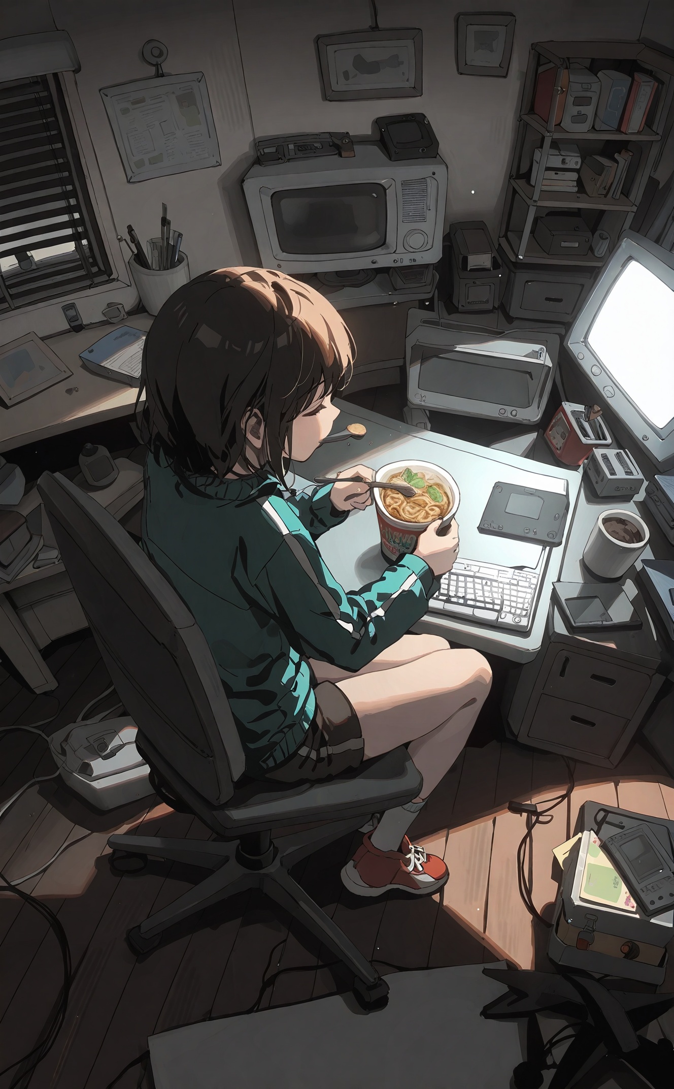 masterpiece,very aware,highres,absurdres,newest,best quality,loli,petite,high quality,chromatic_aberration,cinematic_angle,dutch angle,//,artist:ciloranko,artist:ningen_mame,artist:sho_(sho_lwlw),artist:rhasta,artist:wlop,artist:ke-ta,artist:hiten \(hitenkei\),//,best, computer, 1girl, solo, monitor, keyboard (computer), chair, eating, sitting, crt, trash can, drawing tablet, food, indoors, closed eyes, desk, shorts, mouse (computer), office chair, swivel chair, from above, wooden floor, short hair, track jacket, jacket, cup, sneakers, mug, chopsticks, cable, shoes, poster (object), television, blonde hair, spoon, laptop, cardboard box, box, window, can, stylus, pen, noodles, fork, messy room, dark, holding, bowl, black shorts, lamp, tissue box, table, long sleeves, earphones, coffee, cup ramen, book, electrical outlet, coffee mug, plate, on chair, holding spoon, chewing, full body, scissors, wire, trash, screwdriver, earbuds, track suit, green jacket, game console, phone, holding chopsticks, drawer, red footwear, screen, messy, night, cabinet, calendar (object), holding food, cd, paper, picture frame, bottle, folding chair, desk lamp, speaker, chips (food), holding stylus, drink can, photo (object), soda can, controller, curtains, ramen, print mug, gym shorts, potato chips, fisheye, bulletin board, shelf, brown hair, sticky note, sleeping, cellphone, pencil, tape, rug, disposable cup, bookshelf, remote control, zipper, floor, notebook, paint can, no socks, light, product placement, short shorts, pet bowl, holding fork, book stack, eraser, figure, painting (object), pizza, closed mouth, headphones, drawing (object),<lora:lp47-000020:0.8>,
