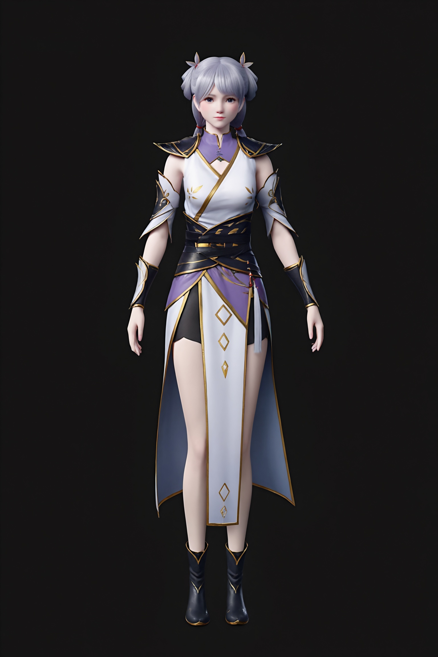 black background,standing,looking at viewer,1girl,hx\(dpcq\),grey hair,hair rings,armor,chinese clothes,low twintails,armor,chinese clothes,white dress,breasts,wrist guards,shoulder armor,sash,pelvic curtain,tassel,sleeveless,,ankle boots,