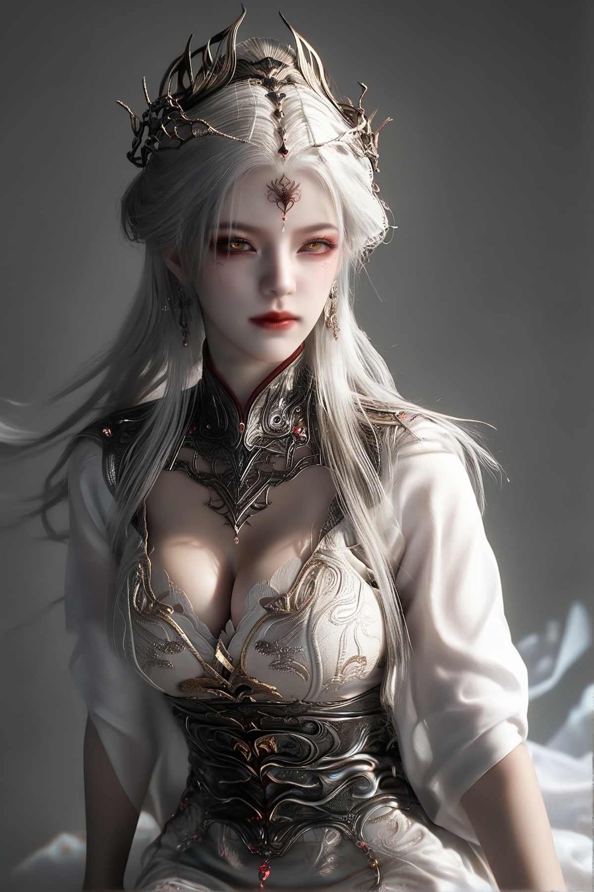 score_9,score_8_up,score_7_up,<lora:wy_aishen_xs_XL7.0:0.7>,1girl,long hair,white hair,yellow eyes,cleavage,big breasts,hair_ornament,dress,white dress,wetting,simple background,realistic,photorealistic BREAK high detailed skin,(detailed skin:1.1),Skindentation,skin depression,highly detailed,ultra-high resolution,32K UHD,sharp focus,best-quality,masterpiece,unconventional supreme masterpiece,masterful details,with a high-end texture,Dynamic Angle,(Dynamic posture:1.1),<lora:lowlight_r2:0.2>,<lora:绪儿古风XUER gufeng:0.6>,XUER gufeng,<lora:zy_Realism_Enhancer_v2:0.2>,<lora:皮肤凹痕:0.5>,<lora:Add_more_details_V2_XLpony:1>,full_details,<lora:DarkerThanDarkV0.8:0.2>,dark,