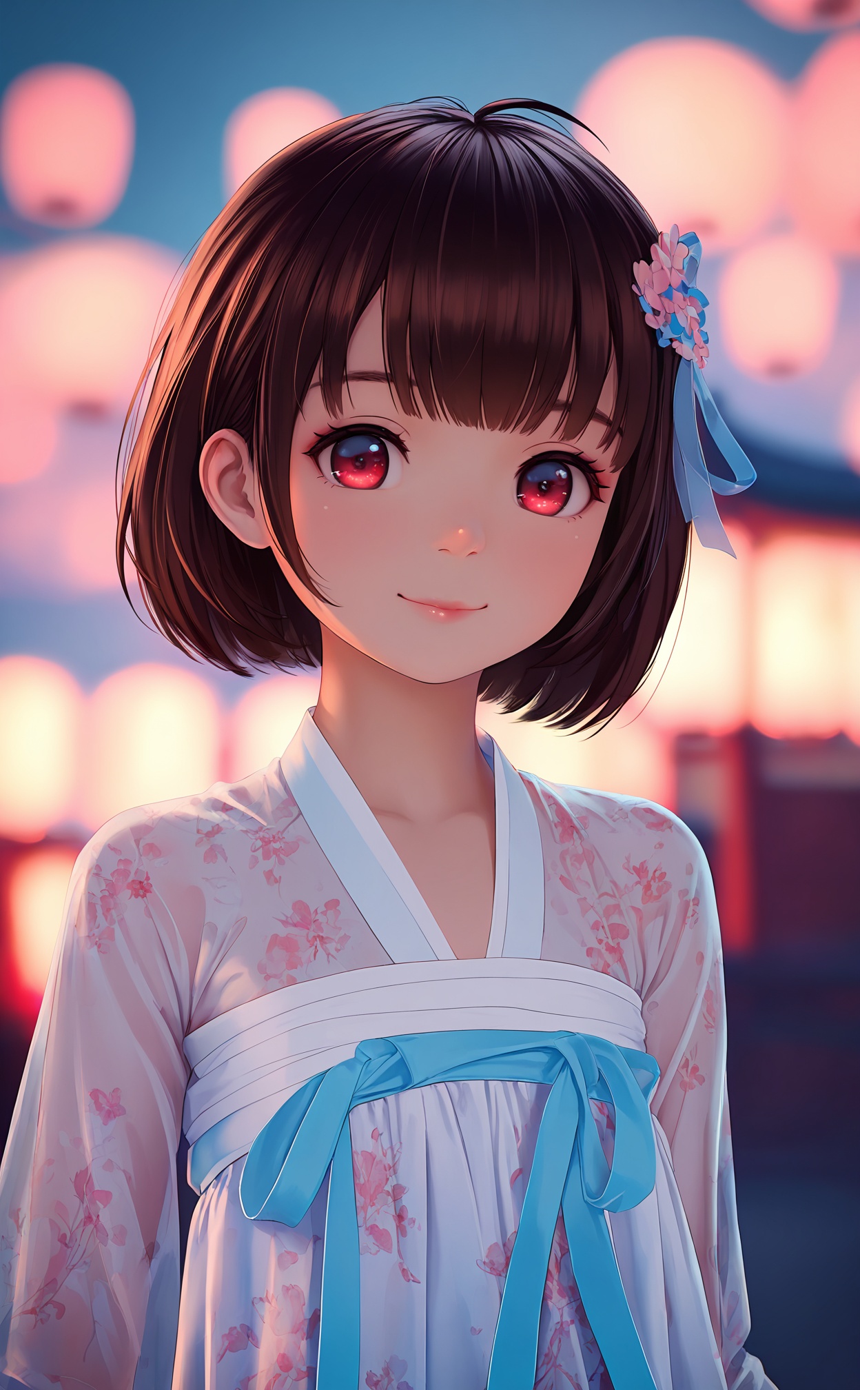 <lora:MMD3——【noob】hans:0.7>,masterpiece,very aware,highres,absurdres,newest,best quality,loli,petite,high quality,chromatic_aberration,chromatic_aberration,cinematic_angle,dutch angle,//,illustration,ultra detailed,hdr,Depth of field,(colorful),night,1girl,solo,red eyes,looking at viewer,hair ornament,short hair,upper body,brown hair,blurry,ahoge,bangs,see-through,depth of field,hanfu,smile,floral print,closed mouth,//,realistic,photo,photorealistic,