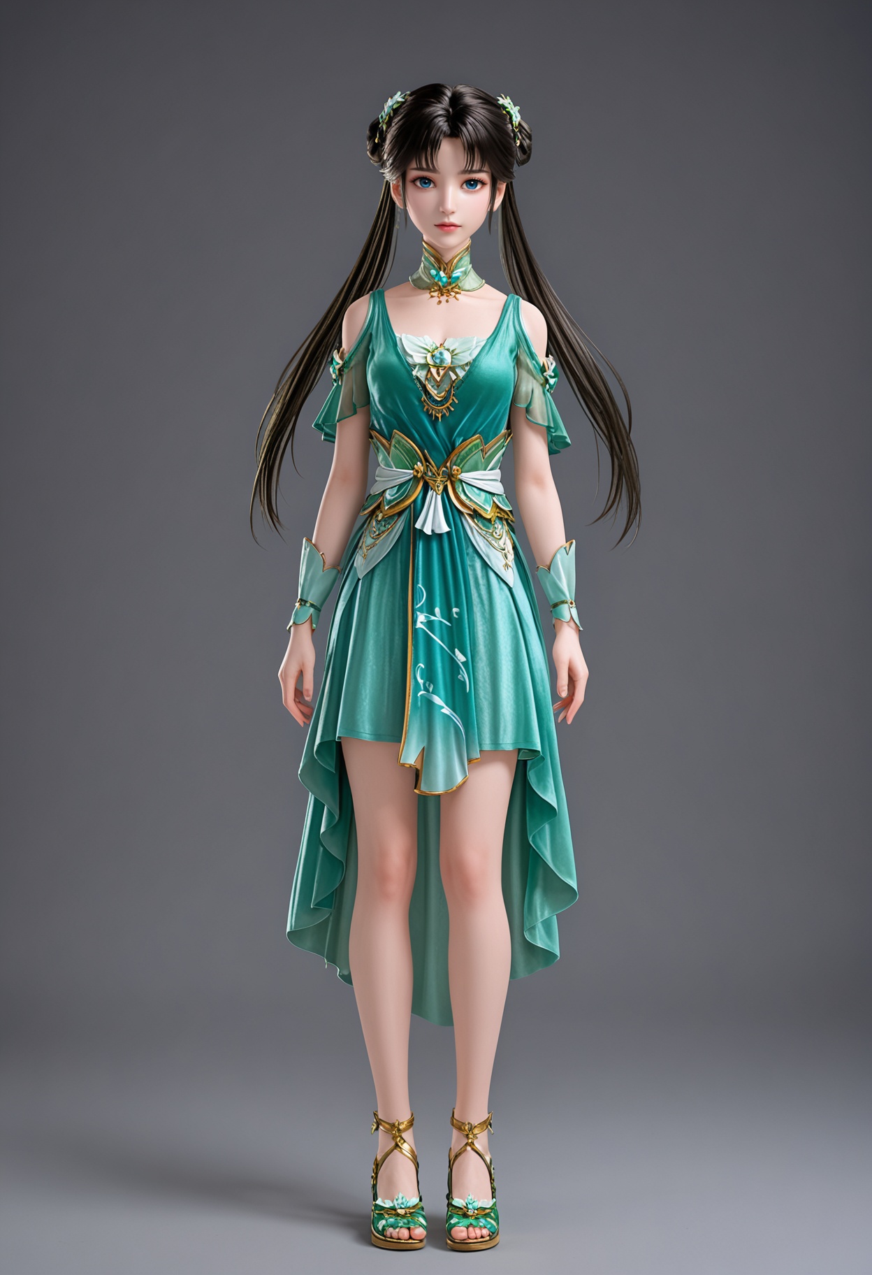 perfect_anatomy,score_9,(full_body:1.1),looking_at_viewer,<lora:YQ_pony_biyao_V3:0.8>,1girl,q1528437228,solo,black hair,hair ornament,dress,long hair,green dress,twintails,blue eyes,hair rings,jewelry,brown hair,blue dress,flower,hair bun,perfect_anatomy BREAK perfect_anatomy,simple background,black background,(shiny_skin),(Ivory_skin:1.1),(cinematic lighting),