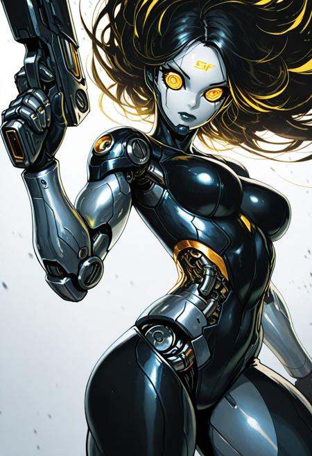 (masterpiece), (best quality), (ultra-detailed), amazing quality, very aesthetic, perfect composition, intricate details, absurdres, incredibly absurdres, clear skin, ultra-detailed-eyes, greatscore, pretty, dynamic angle, dynamic pose, mechabare, mechanical parts, solo, science fiction,sf, 1girl, cyborg, fighting stance, holding weapon, holding pistol cyborg,mechanical arms, mechanical eyes, long hair, black hair with yellow highlights, face focus western comics \(style\), , multiple-tonbackground , ,dynamic visul, limited palette theme, shadow outlines, matel color trim, ,two-tone colored , Mid shot, barcode tattoo,