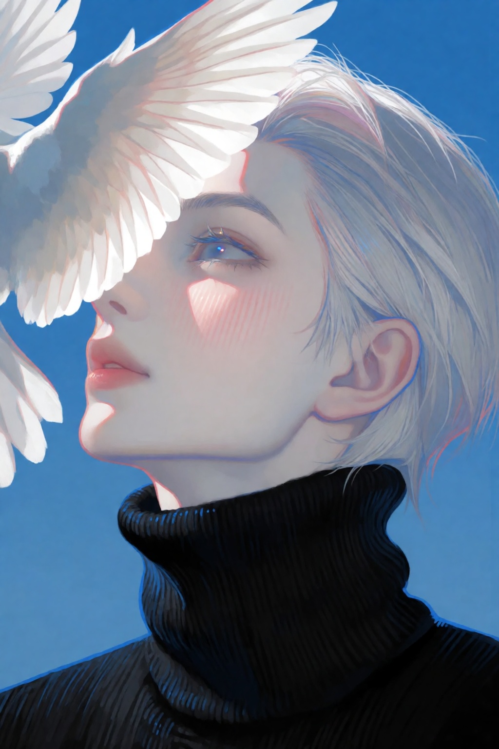 A profile shot depicts a white-haired (straight hair) man with blue eyes in a black turtleneck sweater looking upward agai...