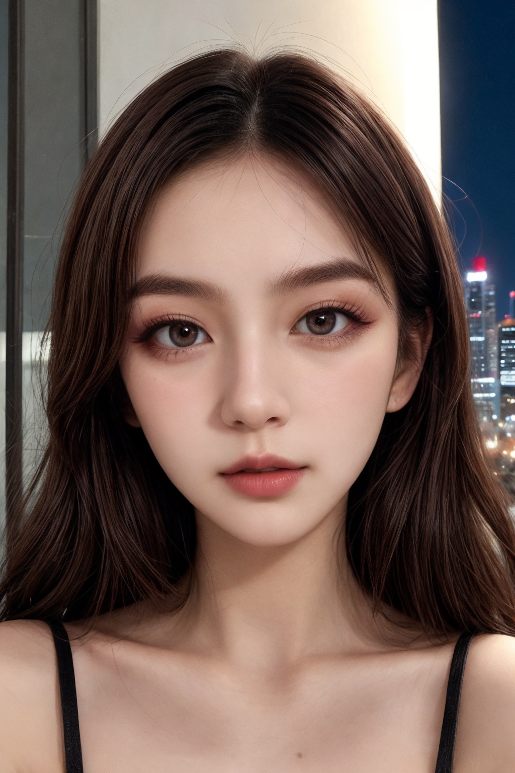 instagram photo, closeup face photo of 18 y.o woman in dress, beautiful face, makeup, night city street,