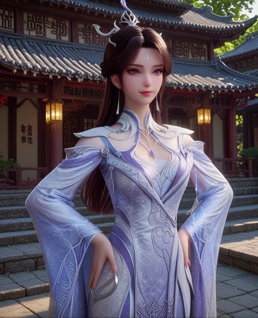 (oriental architecture, elegant decor, sophisticated style:1.1),(Posing with hands on hips and a playful smile,:1.1),(breasts:1.2),<lora:XL宗门卧底沧月公主:0.95>,miss cangyue,blue white dress,double sleeve,lace bra,blue eyes,white foil under the left eye,eyeshadow,forehead mark,hair ornament,hair bun,long hair,earrings,pelvic curtain,, score_9,score_8_up,score_7_up,score_6_up,score_5_up,score_4_up,3d rendering,tag1,tag2, Cinematic Lighting,backlighting,