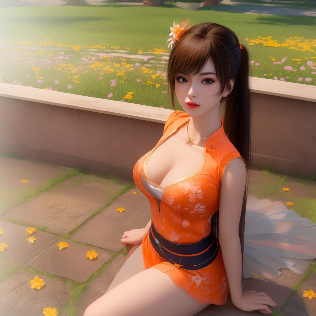 <lora:799-DA-神墓-楚钰:0.8>, (,1girl, ,best quality, ),,  ,ultra realistic 8k cg,, ,masterpiece, (( , )),, ,      ,  orange blossoms,  (cleavage),,  (), ,(sit),