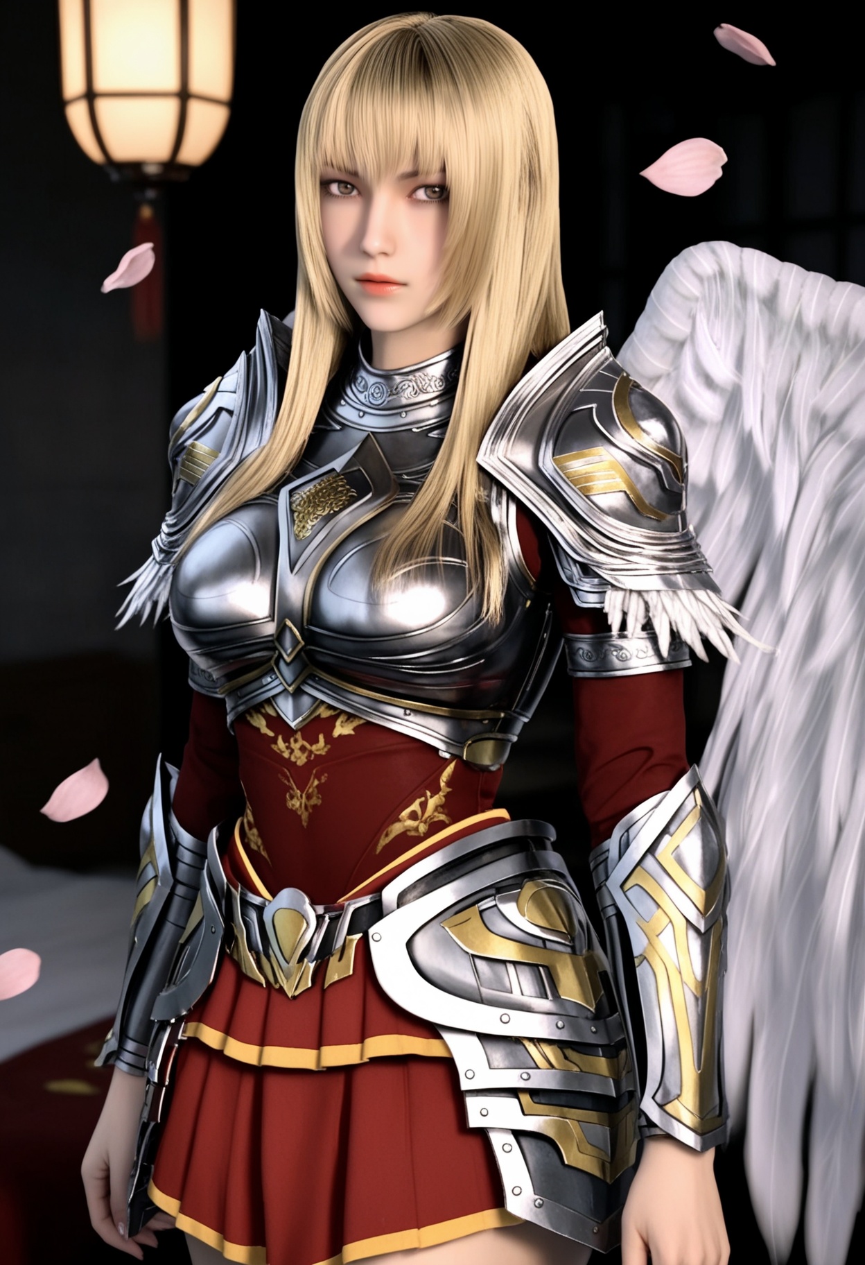 masterpiece,best quality,amazing quality,very aesthetic,high resolution,ultra-detailed,absurdres,scenery,photorealistic,(looking at viewer:1.1),upper body,(Dark room:1.3),(moody lighting:1.1),peach blossom,falling petals,(large breasts:0.8),tianshiyan,1girl,blonde hair,solo,long hair,armor,shoulder armor,lips,angel wings,brown eyes,breastplate,realistic,skirt,boots BREAK photorealistic details,<lora:QQSilltianshiyanV1:0.9>,