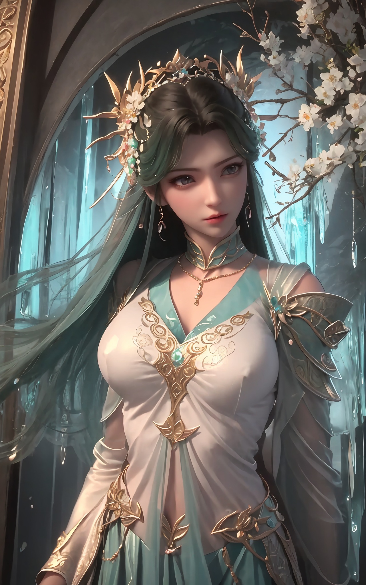real,photo realistic,highly detailed,(masterpiece),(high quality),best quality,super detailed,full detail,4k,8k,xiyouqin,1girl,solo,upper_body,Above the waist,Look into the camera,flower sea,front view,(white skin),Dreamy forest,medium_shot,beautiful detailed glow, (detailed ice), beautiful detailed water,