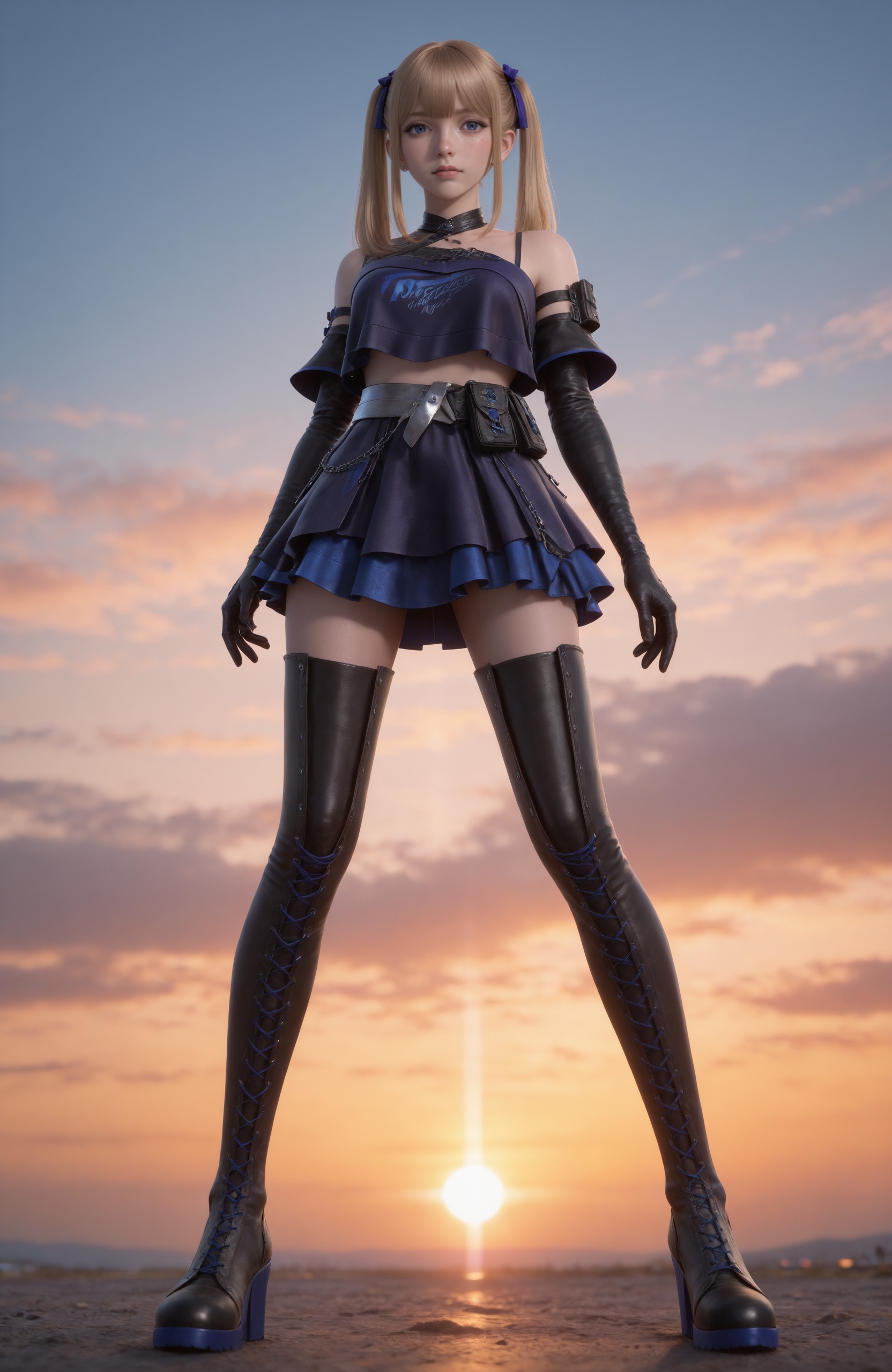 Nai3 style,realistic style photo,outstanding style,Use soft lighting to cast gentle shadows on the subject,adding a touch of dimension to your images without compromising details,whirls of vapor,(Anime:1.1),soft neon light,ethereal ambiance,delicate details,magical atmosphere,concept art,highly detailed,ultra-high resolution,32K UHD,sharp focus,best-quality,masterpiece,golden hour,unconventional supreme masterpiece,masterful details,temperate atmosphere,with a high-end texture,in the style of fashion photography,magazine style,Dynamic Angle,Dynamic posture,magazine style,Dynamic Angle,Dynamic posture,(cowboy_shot:1.2),eye trail,depth of field,cinematic lighting,lens flare,close-up,extreme aesthetic,(wlop:0.6),(honjou raita,lack,rella,wanke:0.5),masterpiece,best quality,good quality,newest,year 2025,very aesthetic,absurdres,Visual impact,A shot with tension,ultra-high resolution,32K UHD,sharp focus,best-quality,masterpiece,Emotionalization,unconventional supreme masterpiece,masterful details,temperate atmosphere,with a high-end texture,in the style of fashion photography,(Visual impact:1.2),giving the poster a dynamic and visually striking appearance, <lora:CF-雅晴IL:0.7> 1girl, blonde hair, long hair, twintails, hair ribbon, blunt bangs,blue eyes,hair bow, choker,bare shoulders, purple shirt,midriff, crop top, spaghetti strap,cross-laced clothes,belt, belt pouch,elbow gloves, black gloves, thighhighs, thigh boots, pleated skirt,miniskirt,black footwear,, A shot with tension,(Visual impact,giving the poster a dynamic and visually striking appearance:1.2),impactful picture,(masterpiece, best quality:1.2),offcial art,colorful,splash of color,movie perspective,advertising style,magazine cover,(full body:1.5),Emotionalization,golden hour,unconventional supreme masterpiece,masterful details,temperate atmosphere,with a high-end texture,in the style of fashion photography,magazine cover,Dynamic Angle,Dynamic posture,