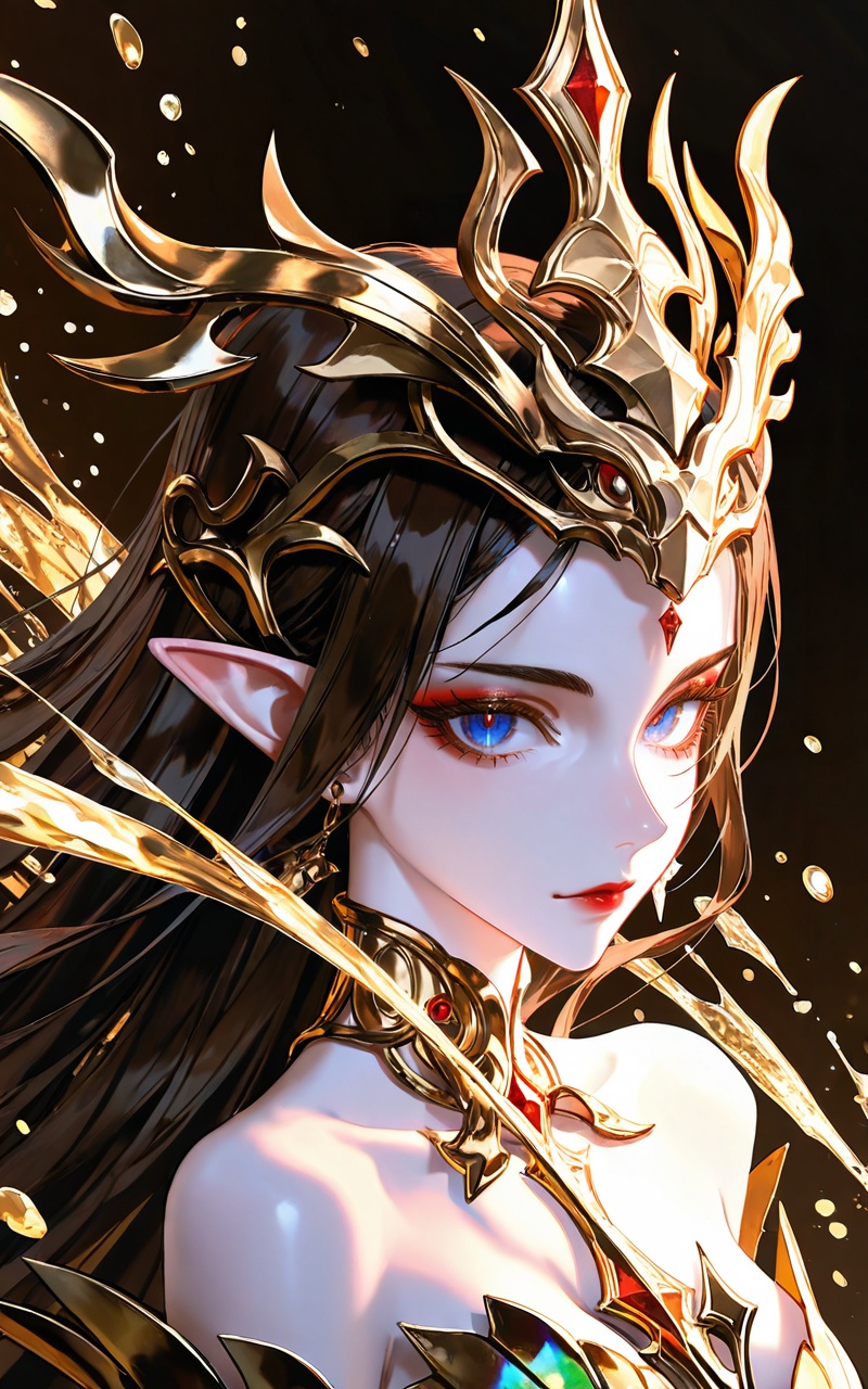 <lora:美杜莎-0.0819:0.6>,meidusha,1girl,pointy ears,solo,long hair,earrings,jewelry,black hair,crown,hair ornament,looking at viewer,brown hair,blue eyes,red lips,makeup,(upper_body:1.1),close-up details,outstanding style,adding a touch of dimension to your images without compromising details,whirls of vapor,iridescent textures,(Anime:1.1),ethereal ambiance,delicate details,magical high-concept,32K UHD,sharp focus,best-quality,masterpiece,golden hour,unconventional supreme masterpiece,masterful details,temperate atmosphere,with a high-end texture,in the style of fashion photography,photography,cover,dynamic angle,dynamic posture,(artist:quasarcake:0.8),extreme aesthetic,(wlop:0.6),(honjou raita, lack, rella:0.5, wanke),masterpiece,best quality,good quality,very aesthetic,absurdres,visual impact,a shot with tension,ultra-high resolution,32K UHD,sharp focus,best-quality,masterpiece,emotionalization,unconventional supreme masterpiece,masterful details,temperate atmosphere,with a high-end texture,in the style of fashion photography,(visual impact:1.2),giving the poster a dynamic and visually striking appearance,impactful picture,official art,colorful,splash of color,movie perspective,masterpiece,best quality,amazing quality,very aesthetic,absurdres,best quality,newest,