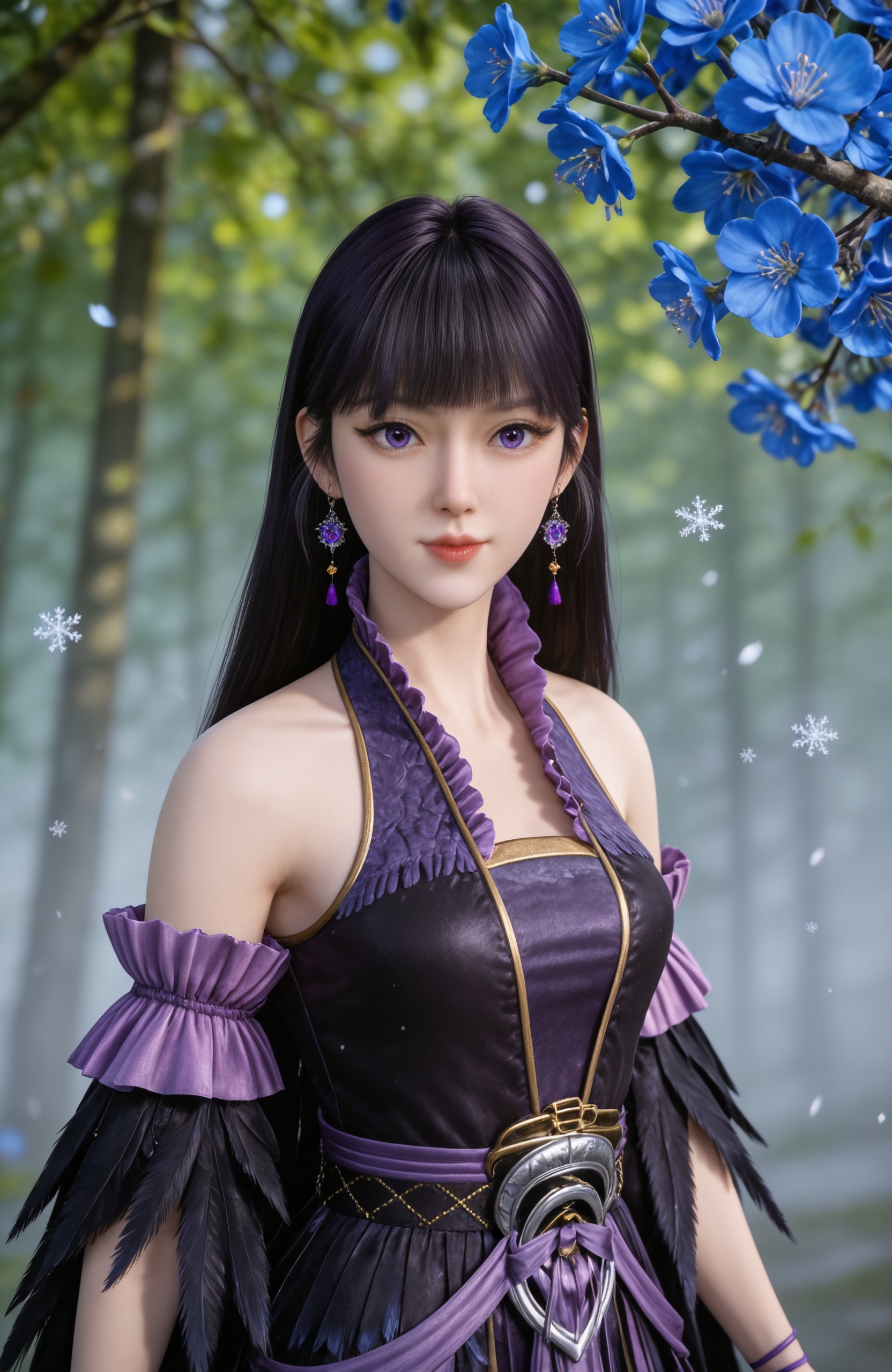 <lora:修罗武神-蛋-蛋换装Pony:0.7> 1girl, long hair, black hair, earrings, blunt bangs, lips, purple eyes, purple dress, black dress, frills, detached sleeves, bracelet, anklet,barefoot,, realistic style photo,outstanding style,adding a touch of dimension to your images without compromising details,whirls of vapor,ethereal ambiance,delicate details,magical atmosphere,concept art,highly detailed,ultra-high resolution,32K UHD,sharp focus,best-quality,masterpiece,golden hour,unconventional supreme masterpiece,masterful details,temperate atmosphere,with a high-end texture,in the style of fashion photography,magazine style,Dynamic Angle,Dynamic posture,(cowboy_shot:1.2),depth of field,lens flare,extreme aesthetic,masterpiece,best quality,good quality,newest,year 2025,very aesthetic,absurdres,Visual impact,A shot with tension,ultra-high resolution,32K UHD,sharp focus,best-quality,masterpiece,Emotionalization,unconventional supreme masterpiece,masterful details,temperate atmosphere,with a high-end texture,in the style of fashion photography,(Visual impact:1.2),giving the poster a dynamic and visually striking appearance,, solo,  upper body, blue flower, looking at viewer, snowflakes, closed mouth, branch,