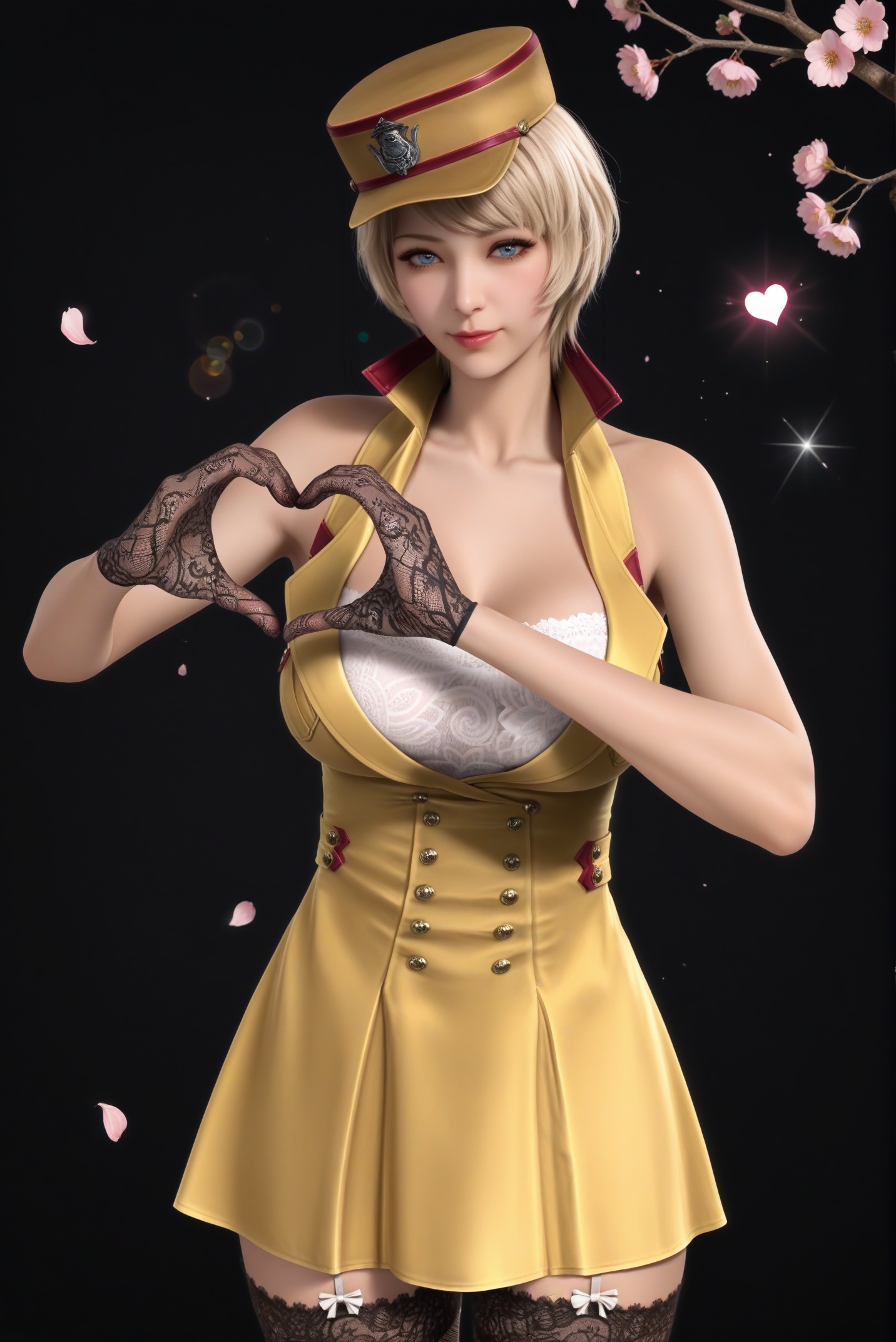 masterpiece,best quality,absurdres,highres,mature female, <lora:潜-灵狐-ill:0.82>,1girl,solo,blonde hair,short hair,blue eyes,(blue_pupils:1.1),halter dress,white bra,lace bra,high collar,bare shoulders,military hat,lace-trimmed legwear,fishnet thighhighs,garter straps,black gloves,lace gloves,collarbone,large breasts,heart,spoken heart,(heart hands),looking at viewer,(front view),BREAKtwig,branch,falling petals,simple background,black background,rim light,Volumetric Lighting,lens flare,Tyndall effect,depth of field,bokeh,sparkle,