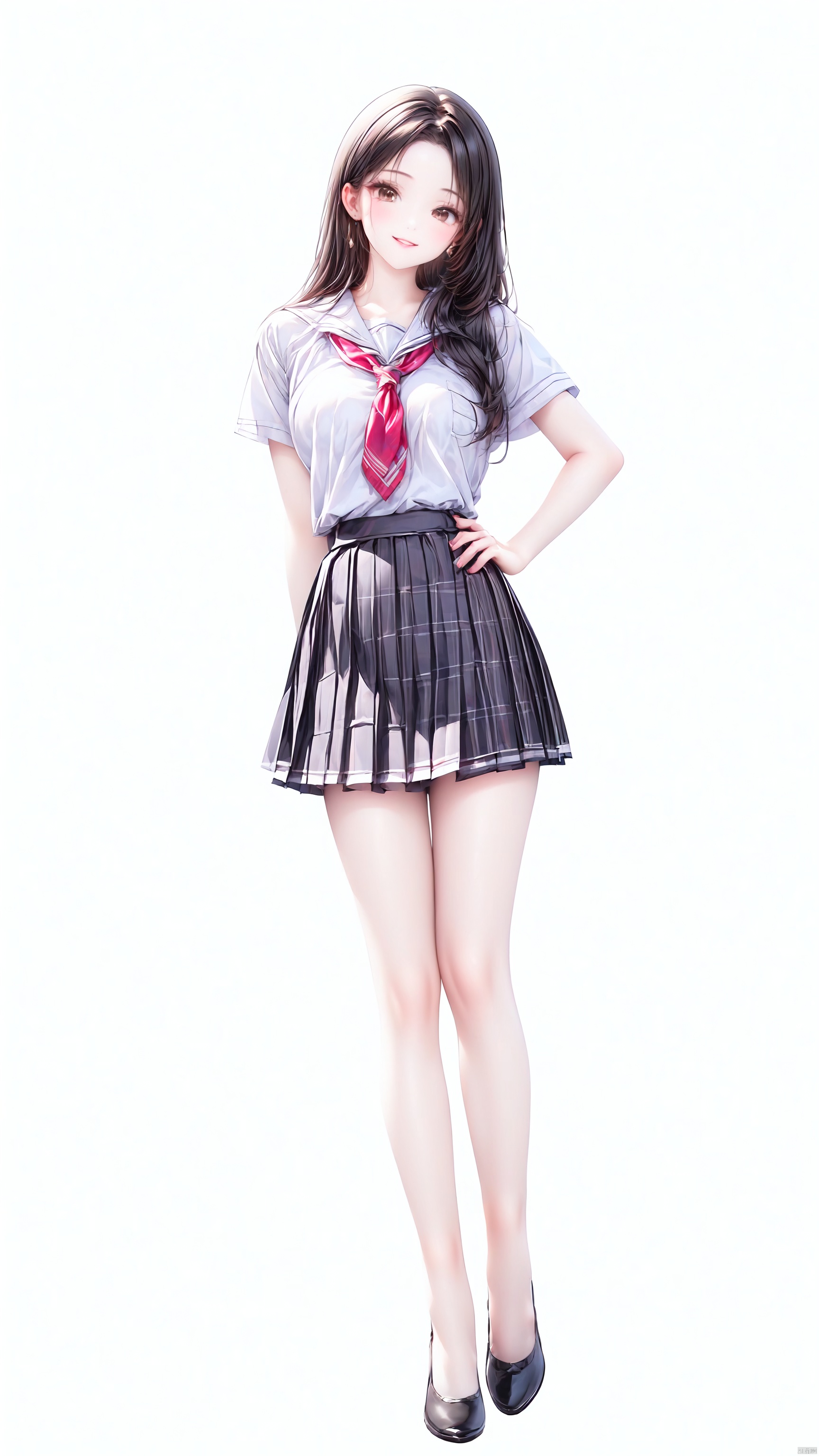 ——1girl, solo, long hair, looking at viewer, smile, skirt, simple background, shirt, black hair, white background, brown eyes, school uniform, standing, full body, white shirt, short sleeves, pleated skirt, shoes, black footwear, lips, plaid, plaid skirt, Medium breast,Black High Heels,High Heels————Medium breast,Beautiful Legs——Hands on the hips——shuijingxie,smile——(Dynamic Pose: 1.5)——Clear hand contour,Hand intact,Five fingers of the hand are clear——1girl, ——, 1girl<lora:EMS-368368-EMS:0.800000>, <lora:EMS-93-EMS:0.800000>, <lora:EMS-27162-EMS:0.300000>, <lora:EMS-254762-EMS:0.500000>, <lora:EMS-69165-EMS:0.500000>