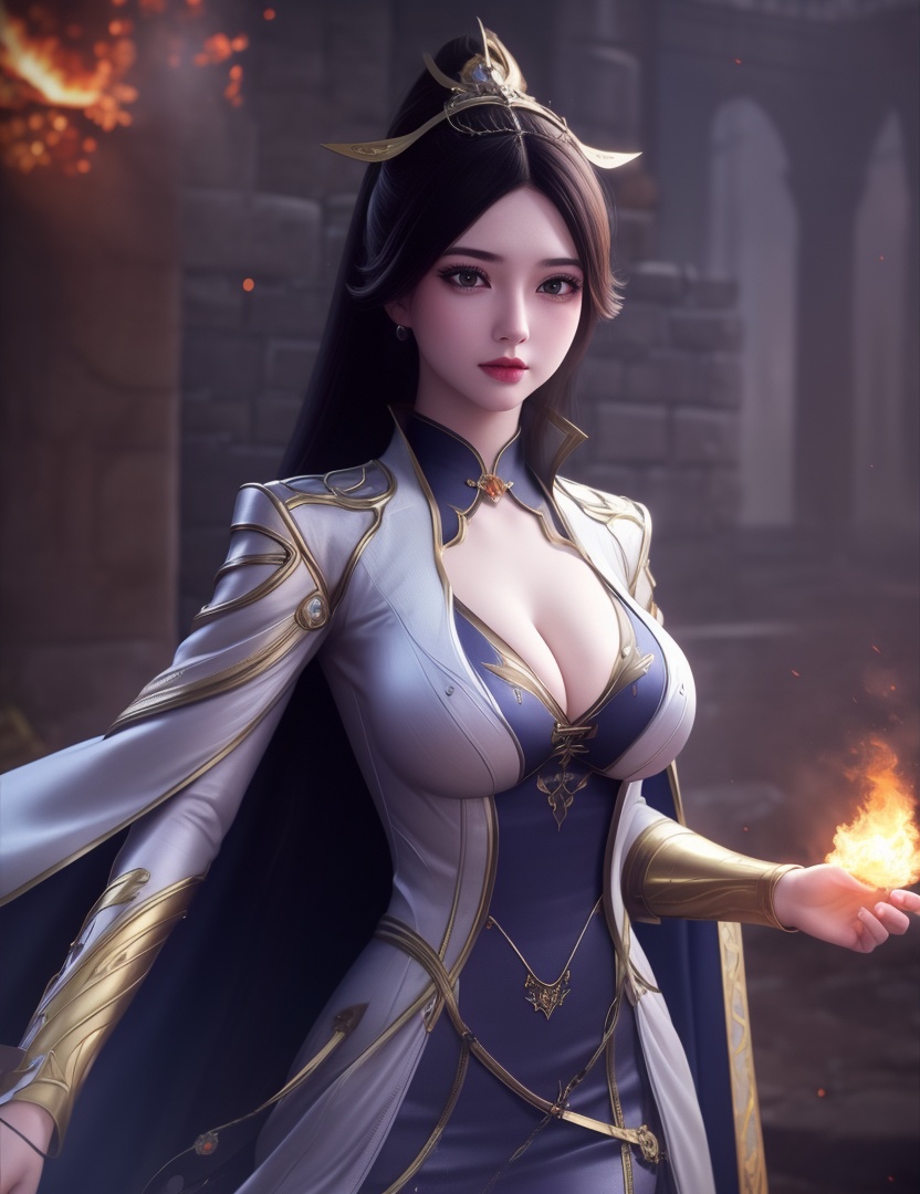 <lora:510-DA-万古狂帝-秋清儿:0.8>(,1girl, ,best quality, ),looking at viewer,  ,,,ultra detailed background,ultra detailed background,ultra realistic 8k cg, ,masterpiece, (( , )),     ,castle,     pyrokinesis,  (cleavage), (),