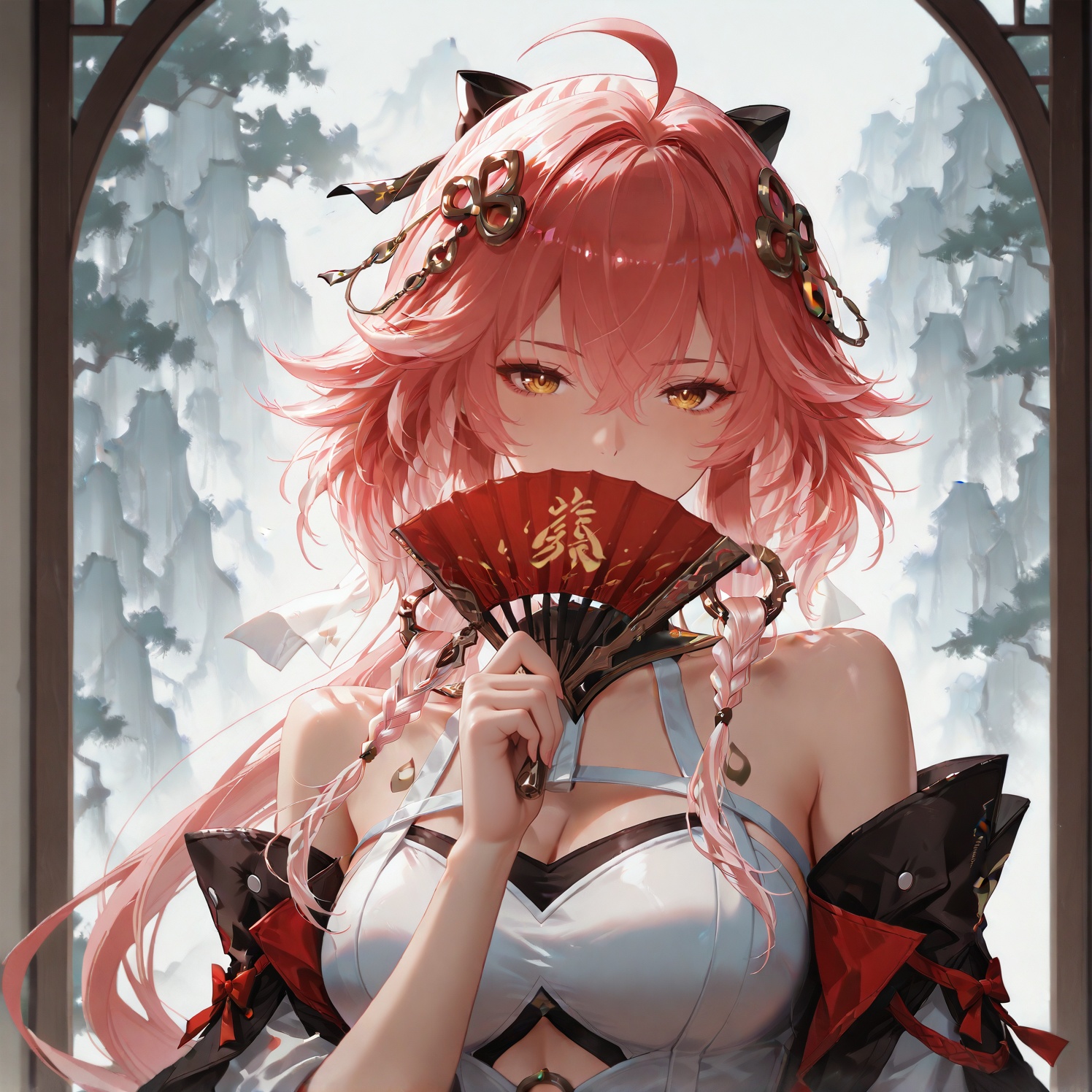 folding_fan,fan,holding fan,holding,holding fan,solo,open folding fan,the fan blocks half of the face,upper body,<lora:长离长离:1>,changli,1 woman,yujie,long hair,bangs,hair ornament,hair between eyes,yellow eyes,pink hair,ahoge,red hair,