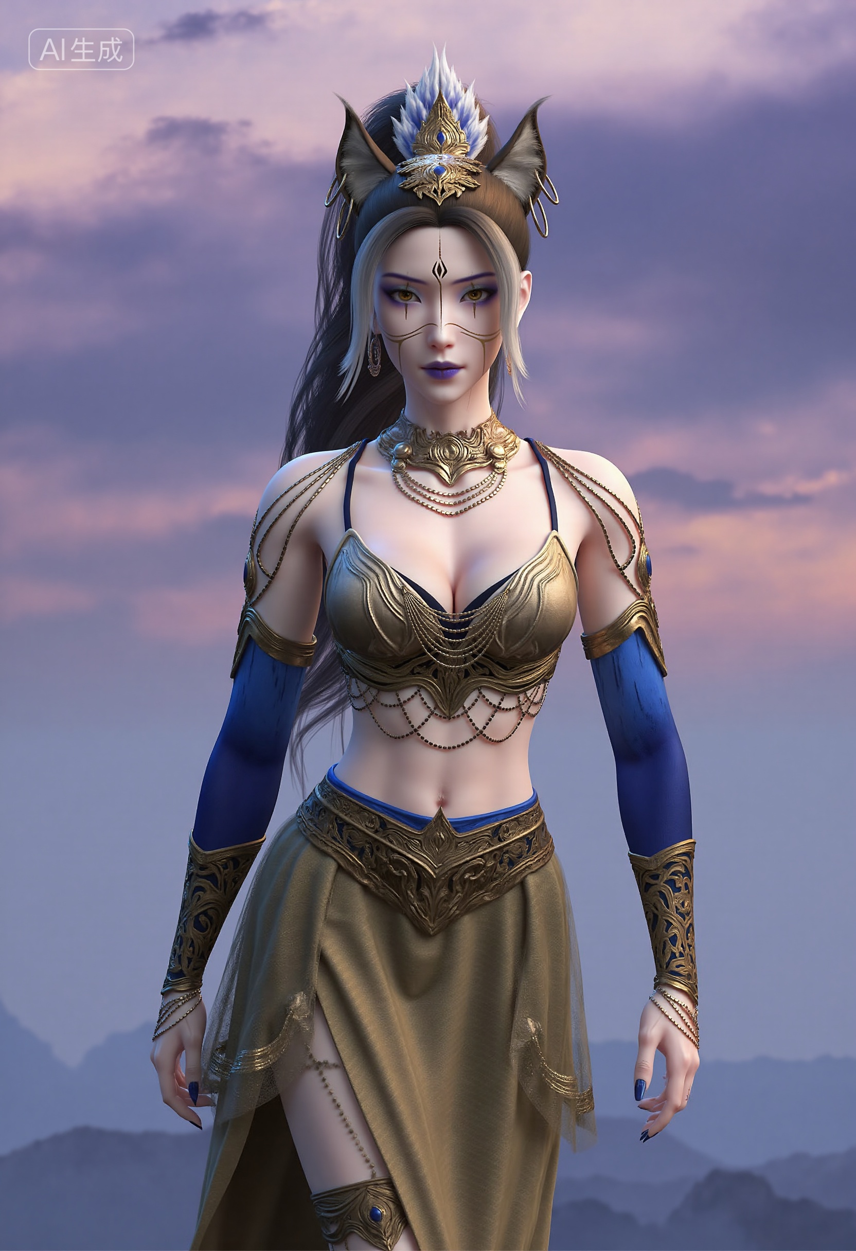 FengYu,, fox ears,ornate gold crown with blue gem and white feathers,amber eyes,purple eyeshadow,gold facial markings on forehead and cheeks,long dark brown hair with white highlights,high ponytail,, gold and blue bra top with intricate designs,blue long sleeves with gold arm guards,sheer gold skirt with geometric patterns,multi-layered gold necklace,metal collar,gold earrings,thigh-high brown straps,, deep blue long fingernails,cowboy shot,slight three-quarter view,, Negative prompt: ng_deepnegative_v1_75t,(badhandv4:1.2),EasyNegative,(worst quality:2),,nsfw, Steps: 30, Sampler: Euler, CFG scale: 3.5, Seed: 3123162087, Size: 832x1216, Model hash: 0734f0ab2a, Model: F.1 模型下载版-黑暗森林工作室_fp16.sft, Denoising strength: 0.4, RNG: CPU, Lora 1: 20251122-1763819225967-0010, Lora Hash 1: 2e6eaffda7, Lora Weight 1: 0.8, vae_name: automatic, Hires resize: 1664x2432, Hires steps: 30, Hires upscaler: 8x-NMKD-Superscale