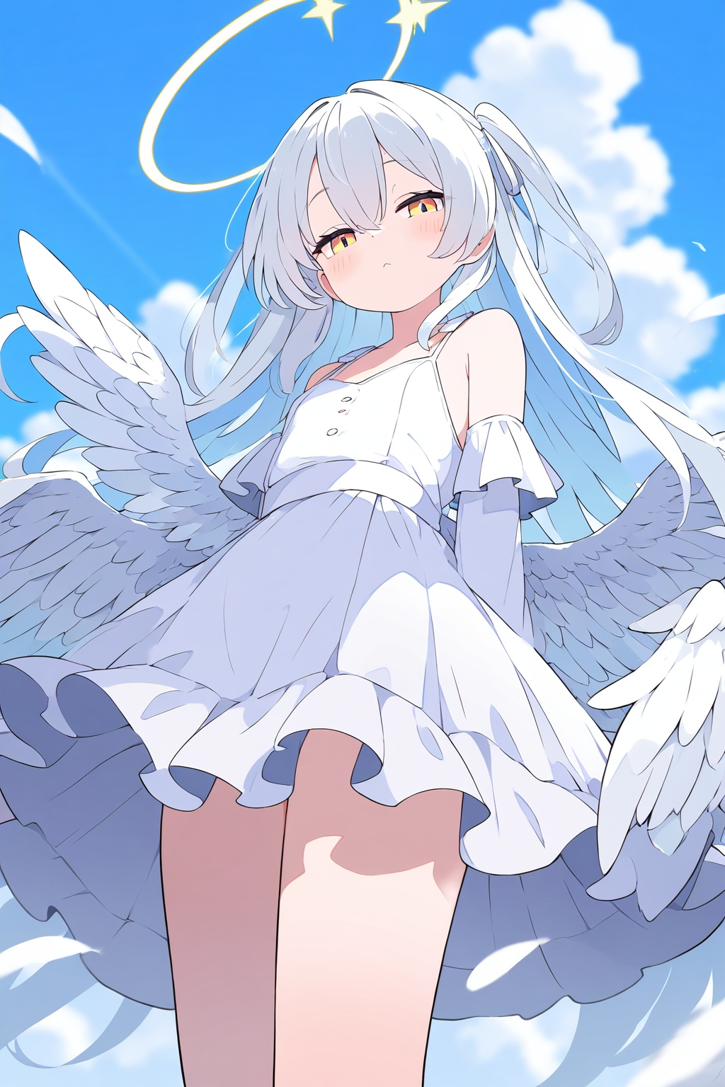 masterpiece,best quality,amazing quality,very aesthetic,absurdres,newest, 1girl, solo, wings, dress, long_hair, white_dress, looking_at_viewer, sky, white_wings, detached_sleeves, cloud, angel_wings, long_sleeves, white_hair, yellow_eyes, frilled_dress, outdoors, hair_between_eyes, bare_shoulders, closed_mouth
