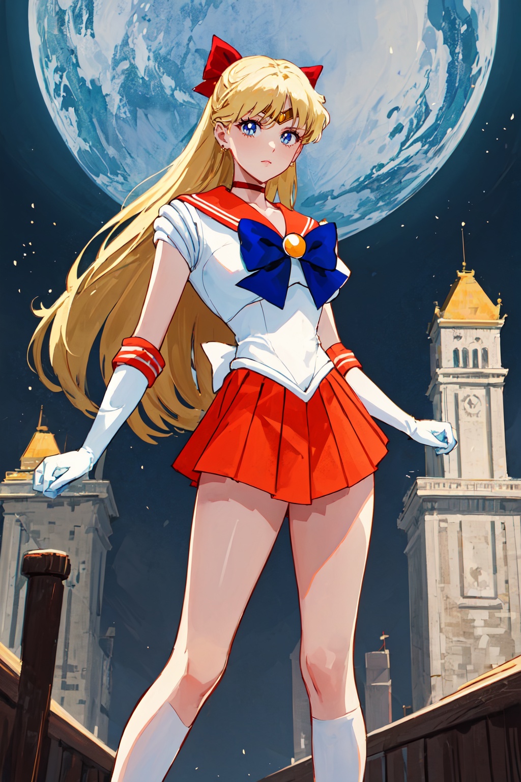 1girl,looking at viewer,solo,long hair,very long hair,blonde hair,blue eyes,choker,tiara,sailor collar,hair bow,bow,gloves,skirt,high heels,sailor senshi uniform,standing,<lora:Minako:0.8>,Minako_CYQL,portrait,beautiful face,beautiful eyes,glossy skin,shiny skin,Imperial palace hall, Feast, Noontime, Opulence, Royalty,beautiful detailed sky,beautiful detailed glow,posing in front of a colorful and dynamic background,masterpiece,best quality,beautiful and aesthetic,contrapposto,female focus,wallpaper,fashion,