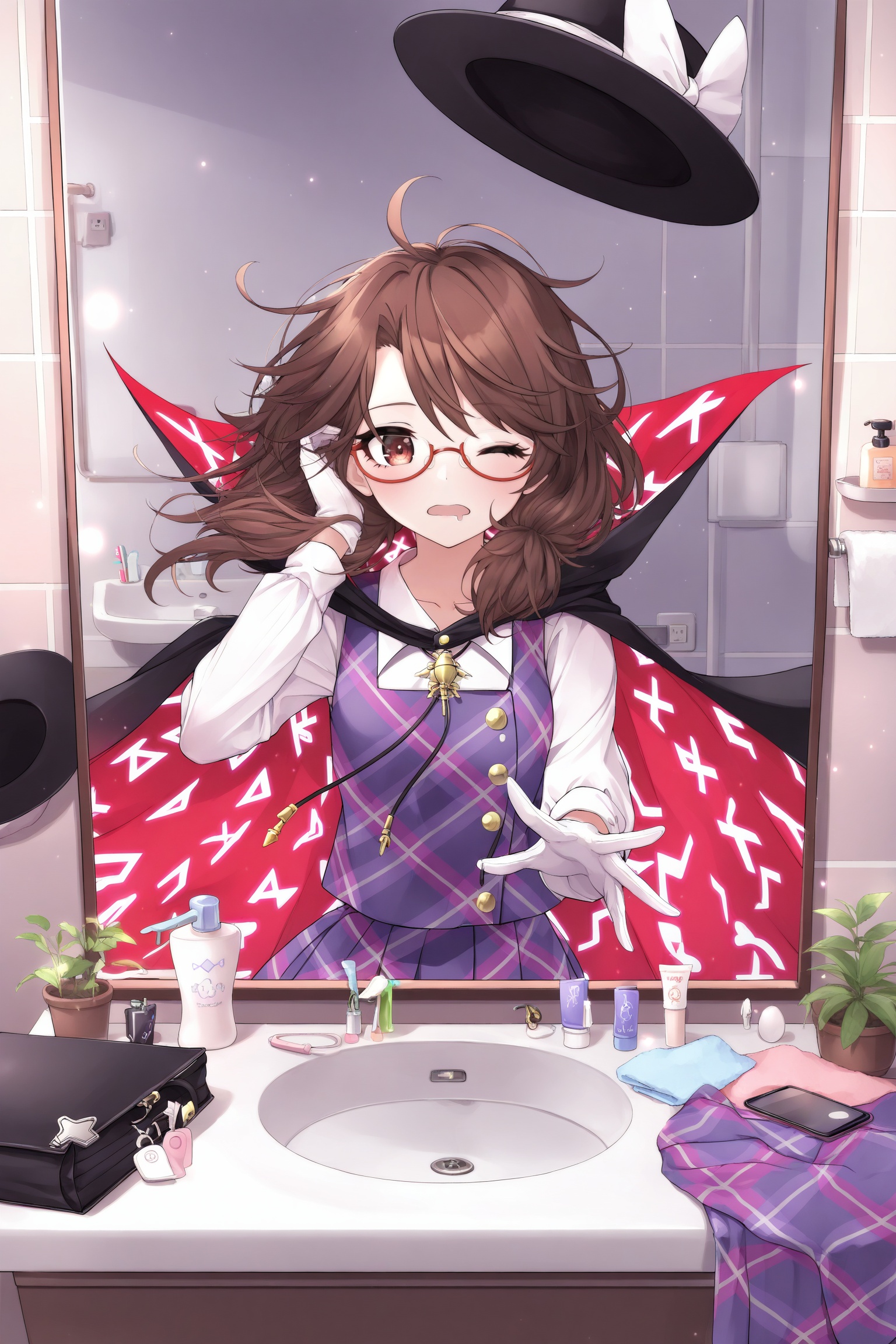 usami sumireko,1girl,long hair,brown hair,messy hair,ahoge,red eyes,drooling,mouth drool,one eye closed,collarbone,collared shirt,white shirt,plaid clothes,plaid vest,purple vest,cape,red cape,unworn cape,vest,gloves,white gloves,hat,unworn hat,unworn headwear,red-framed eyewear,school briefcase,briefcase,cellphone,phone,smartphone,bottle,lotion bottle,spray bottle,cup,toothbrush,toothpaste,towel,drain plug,sink,electrical outlet,tiles,tile wall,mirror,looking at mirror,bathroom,indoors,window,plant,potted plant,floating,floating hair,floating object,floating hat,telekinesis,disembodied hand,hand in own hair,shadow,light particles,runes,quimbaya airplane,loading screen,morning,solo,soft lighting,glowing particles,magical aura,dreamy atmosphere,masterpiece,best quality,<lora:n11espSi10ra画风0.1版本XL:0.8>,siraxlhf,