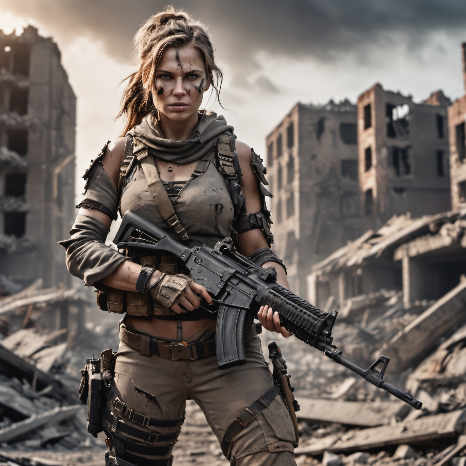 detailed closeup photo of a destroyed city after nuclear blast,  post apocalyptic,  in font a post apocalyptic woman warri...