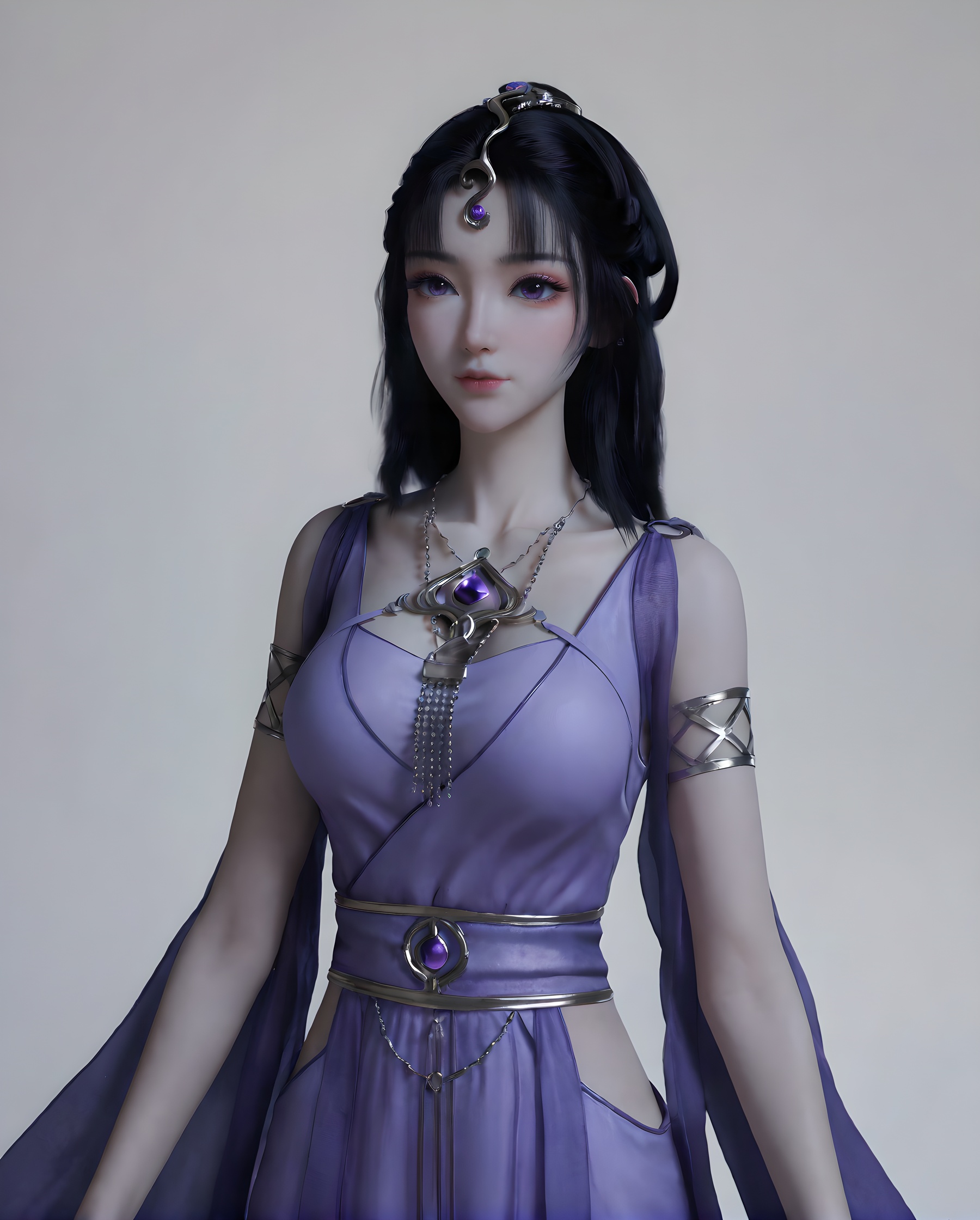 <lora:SF_WenSiYue_Pony_Realism-000002:0.7>,1girl,solo,purple dress,large breasts,forehead jewel,eyelashes,makeup,long hair,hair ornament,standing,looking at viewer,black hair,white background,
