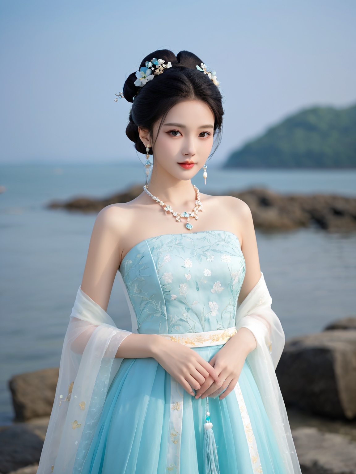 Textured skin,skin particles,masterpiece,best quality,8K,official art,ultra high res,1girl,chinese clothes,hanfu,jewelry,hair ornament,upper body,solo,earrings,flower ocean,remains,flower,black hair,necklace,teeth,hair bun,dress,parted lips,hair flower,((full body)),dress,hanfu,embroidery,exquisite,meticulous,(tulle:1.4),