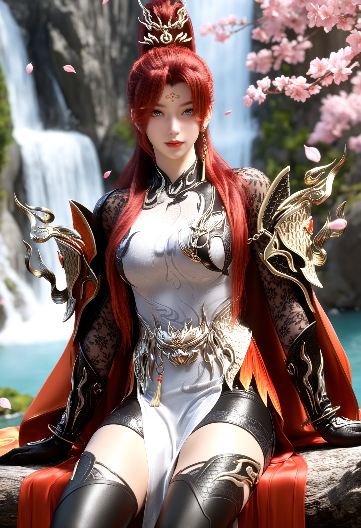 masterpiece,best quality,amazing quality,high resolution,ultra-detailed,absurdres,(looking at viewer:1.1),moody lighting,waterfall,peach blossom,falling petals BREAK large breasts,1girl,solo,long hair,red hair,jewelry,earrings,forehead mark,red lips,hair ornament,ponytail,armor,dress,chinese clothes,makeup,thighhighs,gloves,cape,blue eyes,shoulder armor,high ponytail,grey eyes,red cape,black thighhighs,thigh boots,boots,sitting BREAK photorealistic details,<lora:QQSillchiyanghuamingV1:0.8>,