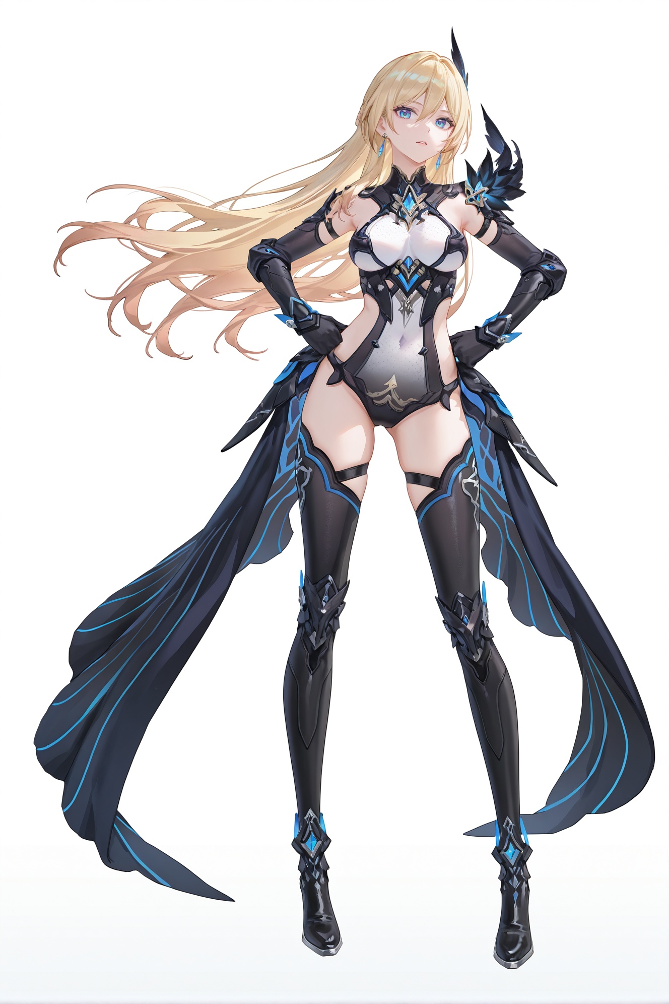 8k,best quality,masterpiece,(ultra-detailed),(high detailed skin),((artist:reoen),(artist:fuzichoco),(artist:atdan),(artist:torino_aqua),year 2024:0.8)1girl,[artist:wlop],[artist:ningen_mame],artist:ciloranko,[[artist:rhasta]],artist:tidsean,colorful,full body,full shot,standing,looking at viewer,(solo:1.2),simple background,(white background:1.2),hand on own hip,(white background:1.1),<lora:Durandal-PalatinusEquinox-ill-Tanger:0.8>,Durandal \(Palatinus Equinox\) dark,clothes: black style armor suit,black style thigh boots,black style Durandal,black Feather decoration on the right shoulder,1girl,blonde hair,long hair,blue eyes,breasts,earrings,elbow gloves,jewelry,