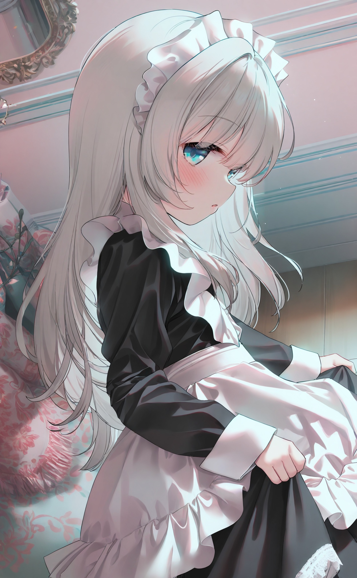 masterpiece,highres,absurdres,newest,best quality,high quality,loli,petite,chromatic_aberration,//,1girl, maid, maid_headdress, solo, long_hair, white_apron, apron, dress, black_dress, long_sleeves, blush, looking_at_viewer, frills, frilled_apron, parted_lips, indoors, from_side, puffy_sleeves, maid_apron, grey_hair, blue_eyes, looking_to_the_side, juliet_sleeves, very_long_hair, curtains, skirt_hold, dress_lift, hair_between_eyes, clothes_lift//,<lora:guizhencao1114——【noob】hans:1>,