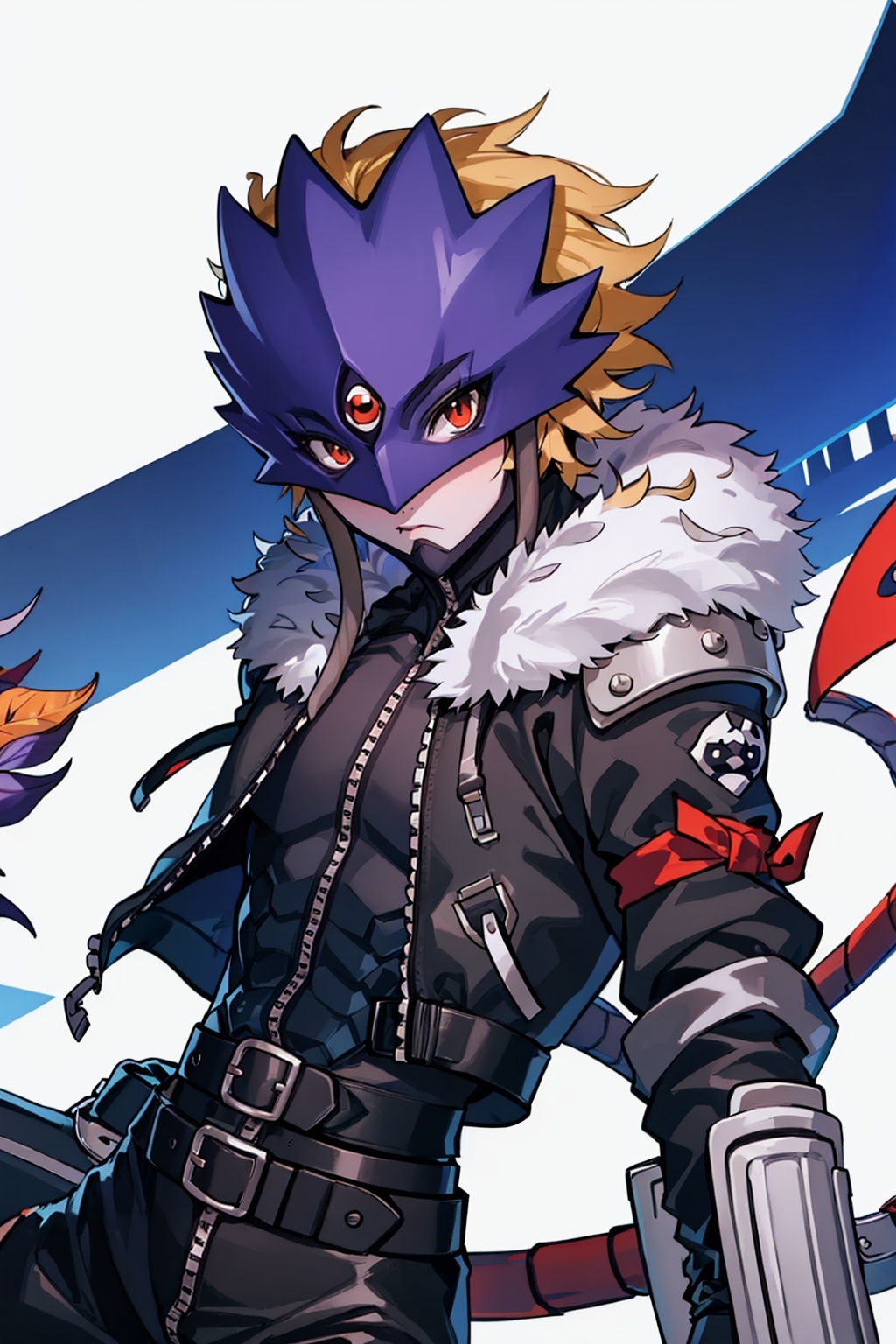 masterpiece,best quality, highly detailed, beelzebumon,digimon \(creature\),mask,1boy,solo,male focus,belt,black jacket,simple background,zipper,fur-trimmed jacket,looking at viewer,<lora:beelzebumon:1>