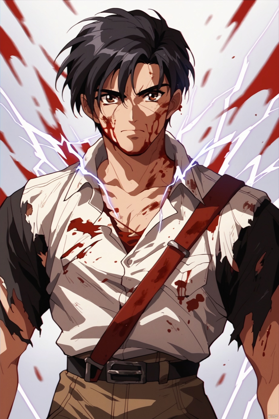 score_9,score_8_up,score_7_up,score_6_up,retro artstyle, 1980s (style), 1boy, solo, male focus, blood, black hair, electricity, blood on face, torn clothes, looking at viewer, cowboy shot, brown eyes, closed mouth