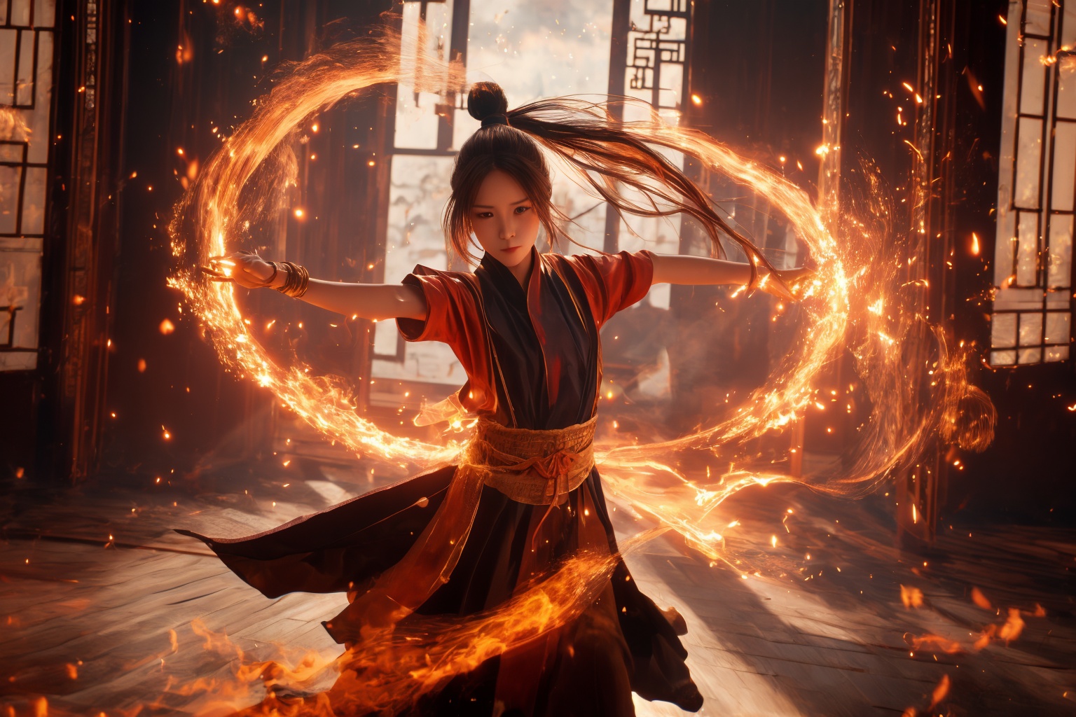 orang-aura,using orang-magic,orang-magic,ancient-costume,dancing,solo,1girl,fire,long hair,ponytail,<lora:magic_fighting_768:0.8>,