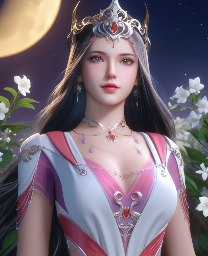 <lora:700-DA-XL-斗罗大陆-波赛西:0.8>(,1girl, ,best quality, ),looking at viewer,  ,,ultra detailed background,ultra detailed background,ultra realistic 8k cg, ,masterpiece, (( , )),, realistic,science fiction,mole, ultra realistic 8k cg, ,     ,crescent moon, jasmine \(flower\),     (cleavage), (),