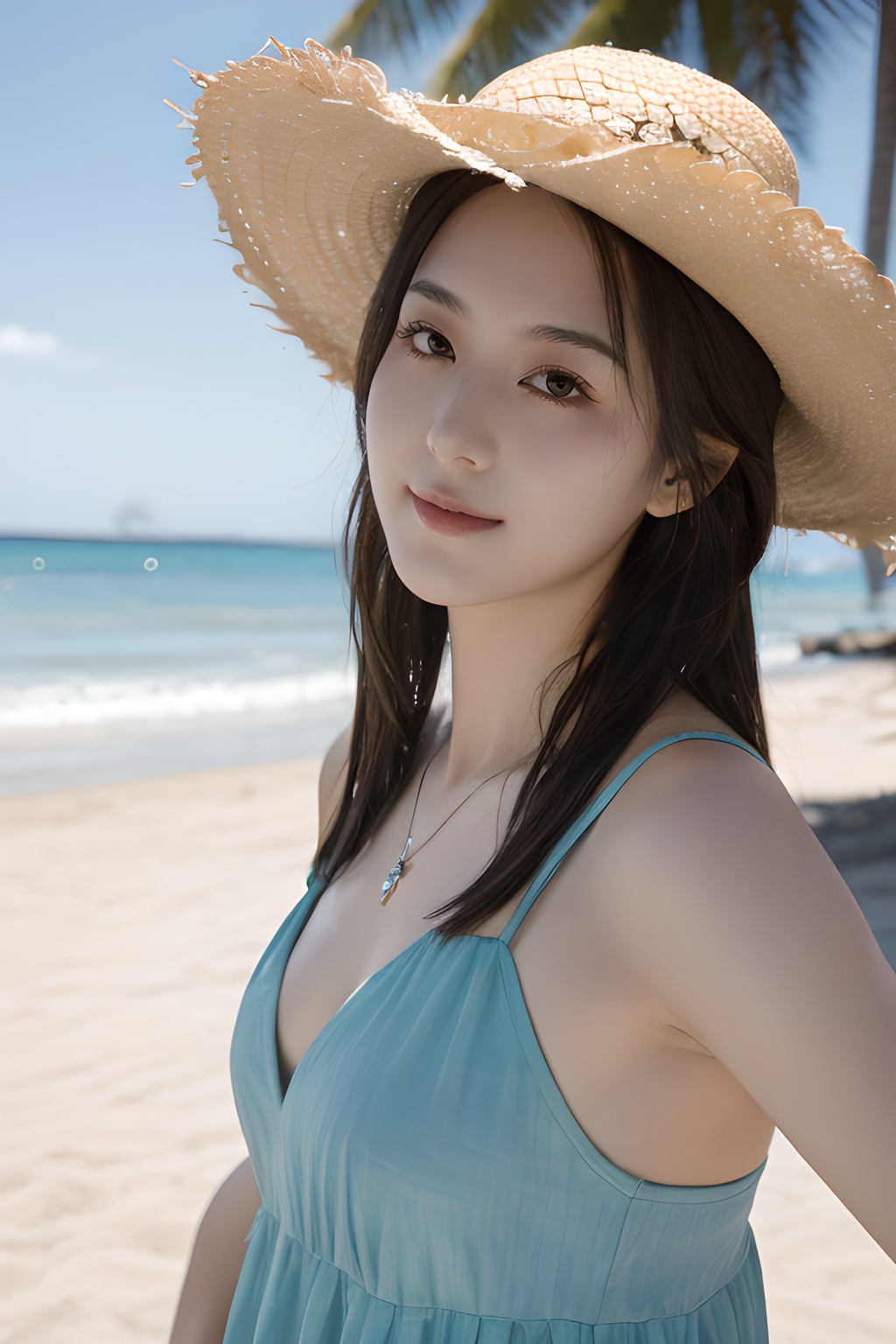 <lora:0814_03:0.7>,araffe girl with long hair wearing a straw hat and blue dress,1girl,solo,hat,straw hat,long hair,looking at viewer,necklace,jewelry,heart necklace,smile,heart,brown hair,bangs,day,beach,outdoors,upper body,black hair,sunlight,closed mouth,swimsuit,selfie,sky,ocean,, 1girl,realistic,masterpiece, best quality, photorealistic, HDR,detail