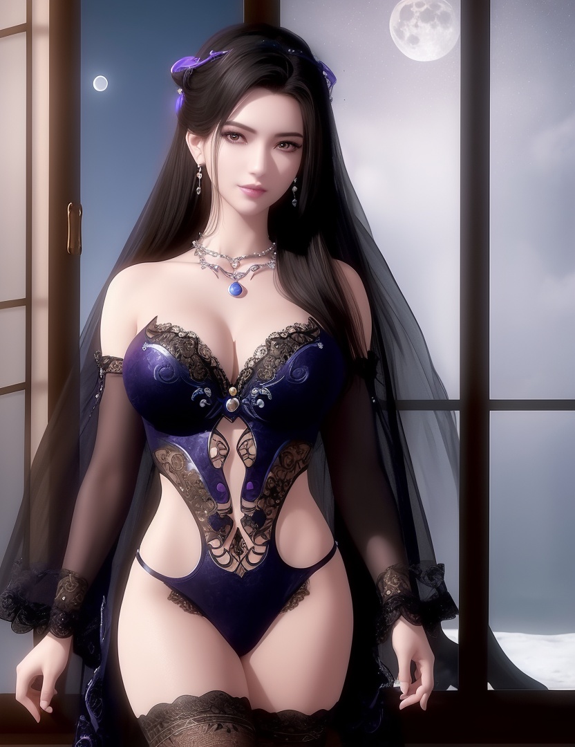 ultra realistic 8k cg, picture-perfect face, flawless, clean, masterpiece, professional artwork, famous artwork, cinematic lighting, cinematic bloom, perfect face, beautiful face, fantasy, dreamlike, unreal, science fiction,  beautiful clothes, lace, lace trim, lace-trimmed legwear,  (rich:1.4), prestige, luxury, jewelry, diamond, gold, pearl, gem, sapphire, ruby, emerald, intricate detail, delicate pattern, charming, alluring, seductive, erotic, enchanting, hair ornament, necklace, earrings, bracelet, armlet,halo((,1girl, pov,))(((,window, 1girl, solo, moon, breasts, indoors, cleavage, black_hair, round_window, hair_ornament, long_hair, jewelry,looking at viewer, ))) <lora:DA_CaoNvYao:0.6>