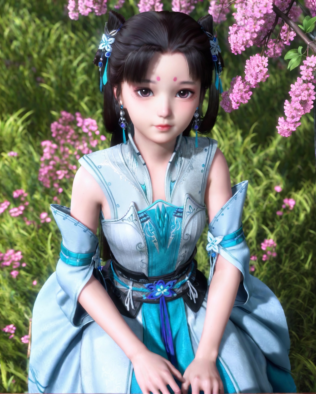 <lora:SF_XiaoLanLingE_Pony_Realism-000003:0.7>,1girl,solo,flower,forehead mark,twintails,dress,earrings,detached sleeves,facial mark,hair ornament,jewelry,sitting,looking at viewer,branch,black hair,long hair,from above,hair bun,blue dress,