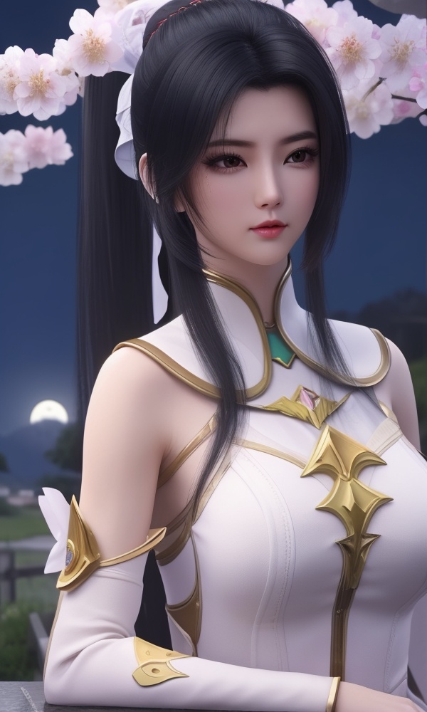 (,1girl, ,best quality, ),looking at viewer, <lora:401-DA-大主宰-叶轻灵:0.8> ,, ,masterpiece,(( , )),, realistic,science fiction,mole,,ultra realistic 8k cg, flawless,tamari \(flawless\),  ,cherry blossoms,,night, night sky, crescent moon, moonlight,,(facing viewer, looking at viewer, , ),  (()), (),