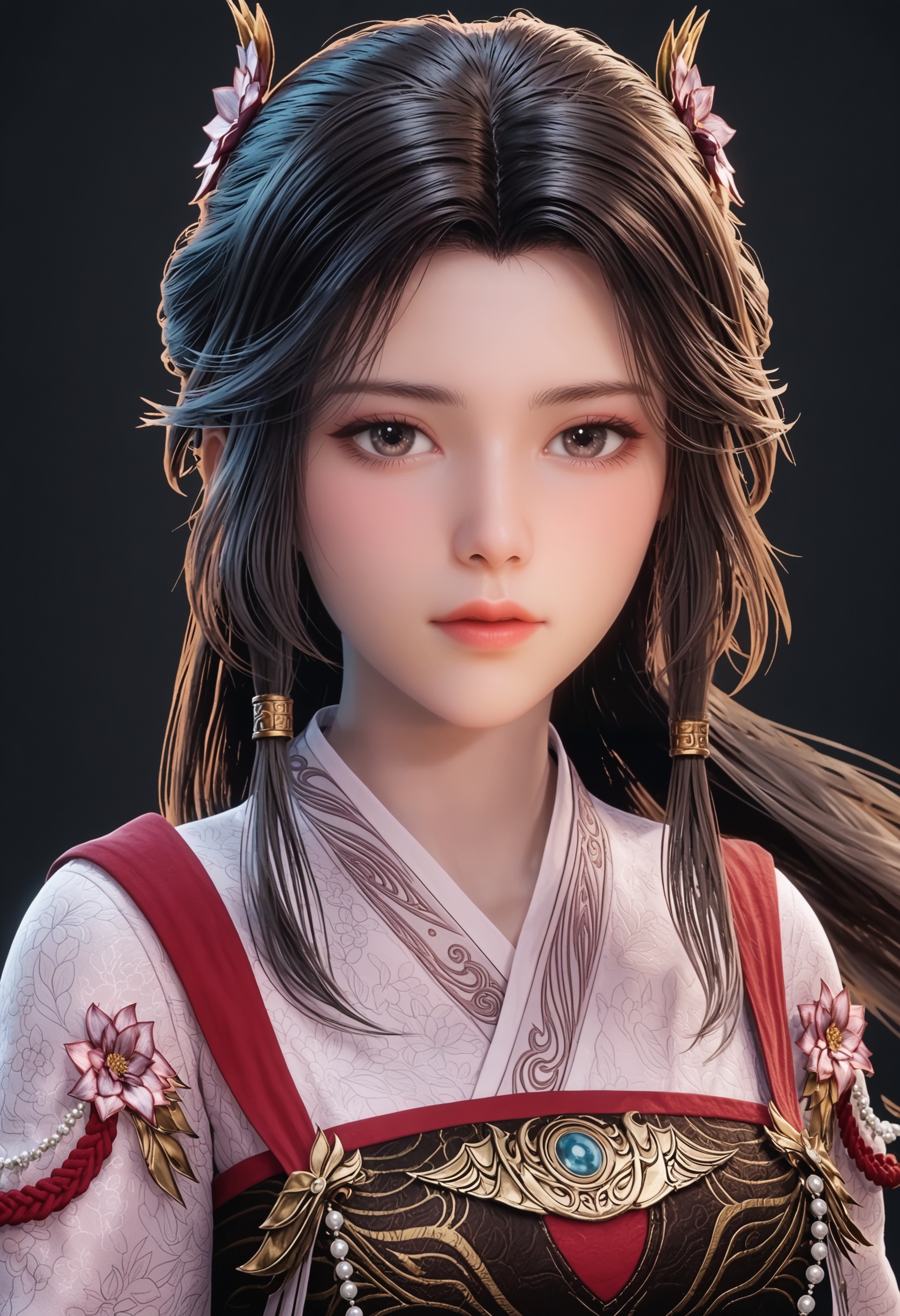perfect_anatomy,(score_9:1.1),(upper_body:1.1),looking_at_viewer,<lora:YQ_pony_lingyuxiu_V3:0.8>,q1528437228,1girl,solo,long hair,white background,black hair,chinese clothes,realistic,hair ornament,brown hair,hanfu,lips,long sleeves,wide sleeves,dress,jewelry,brown eyes,hair flower,perfect_anatomy BREAK (perfect_anatomy:1.1),mature female,(simple background,pure black background,black background:1.1),(shiny_skin),(Ivory_skin:1.1),(cinematic lighting),