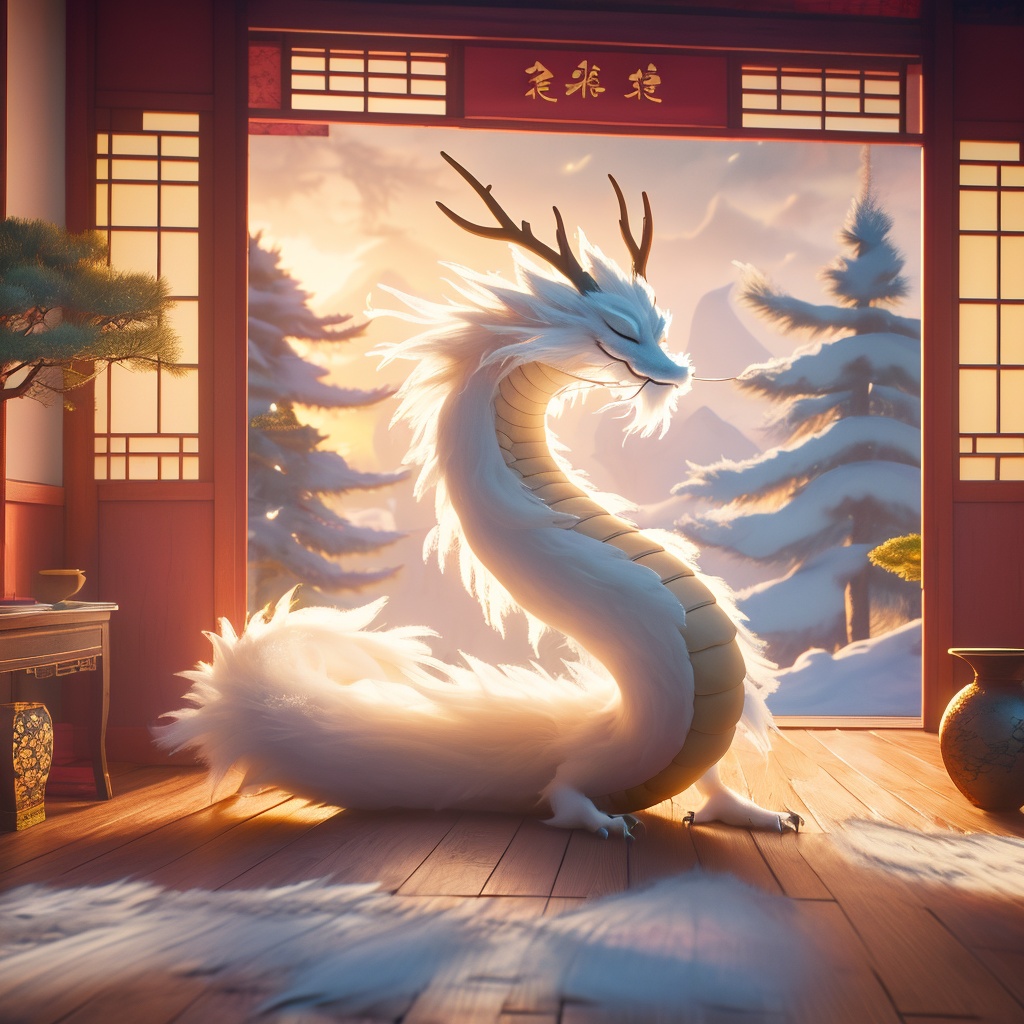 eastern dragon,soft lighting,white fur,antlers,whimsy and dramatic lighting,warm colors,mf-movie-filter,cc-color-correction,cute,whiskers,sunset,eastern dragon focus,claws,chinese zodiac,east asian architecture,no humans,dragon,indoors,lantern,scenery,sitting,solo,horns,blurry,closed eyes,wooden floor,tree,sky,day,from side,architecture,<lora:chenglong_v1:0.8>,