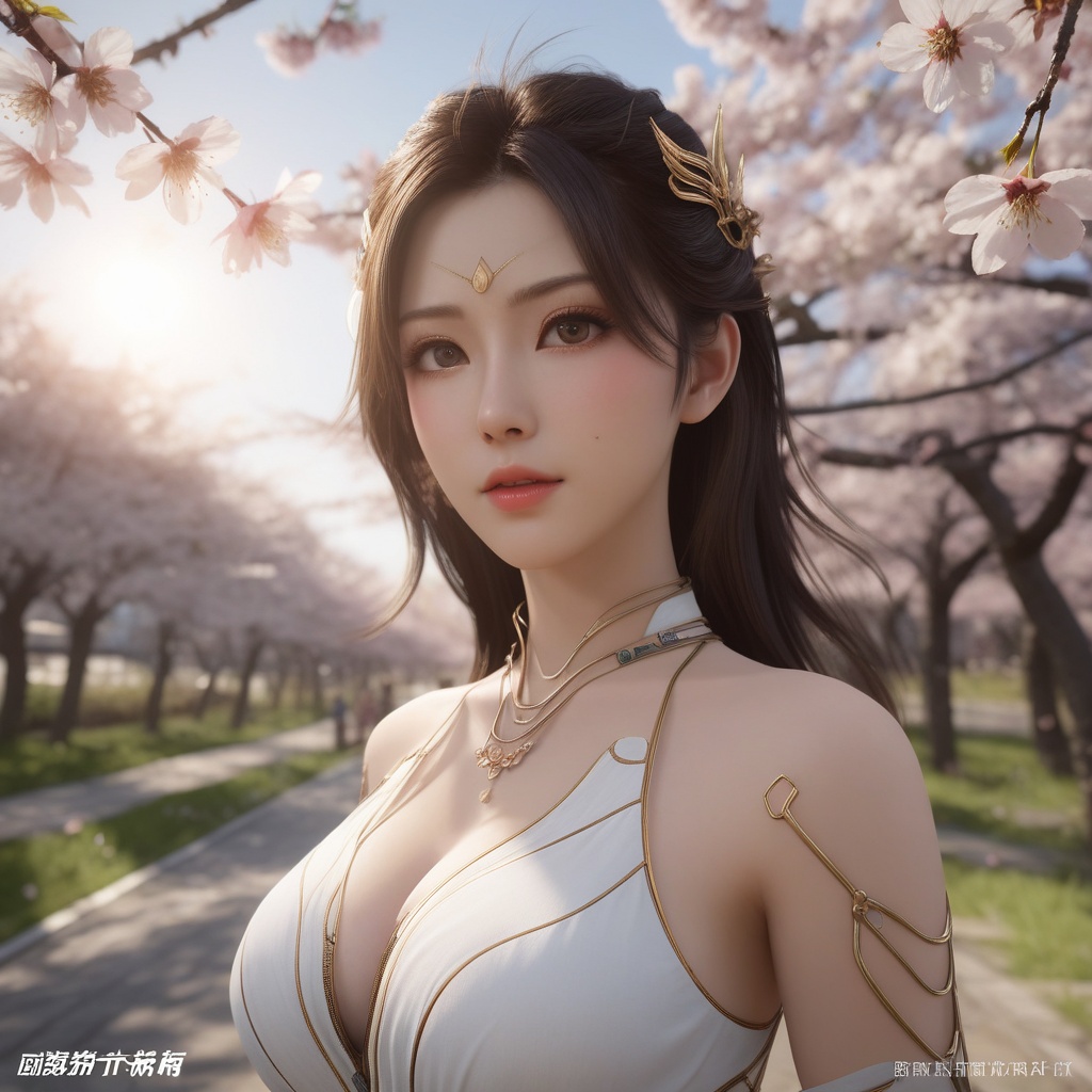 <lora:648-DA-XL-遮天-狠人大帝:0.8>(,1girl, ,best quality, ),looking at viewer,  ultra detailed background,ultra realistic 8k cg,ultra detailed 8k cg,masterpiece,upper body,  (( , )),, ,science fiction,mole, ultra realistic 8k cg, ,    ,outdoors, sun,sunlight, cherry blossoms,      (cleavage), (),
