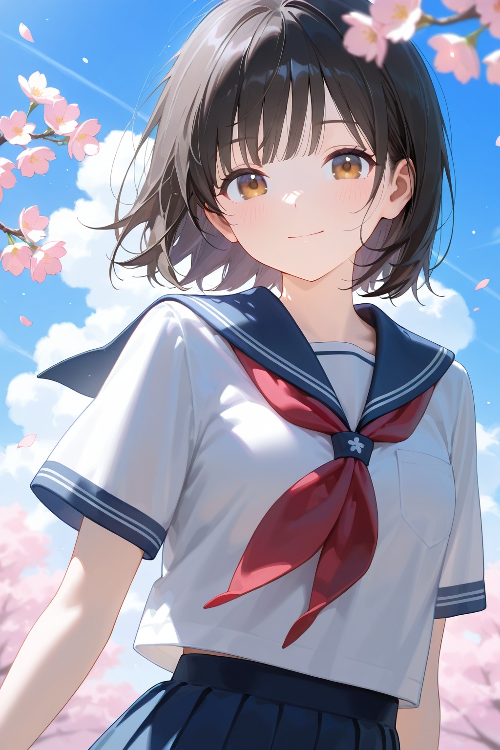 1girl, solo, looking at viewer, smile, short hair, bangs, skirt, shirt, black hair, brown eyes, closed mouth, school uniform, white shirt, upper body, flower, short sleeves, outdoors, sky, serafuku, day, cloud, sailor collar, blurry, blue sky, blue skirt, neckerchief, petals, blue sailor collar, cherry blossoms, red neckerchief, branch