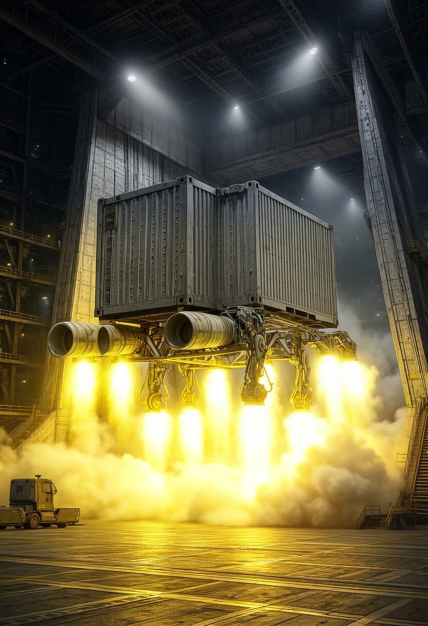 starcity_alpha,  colossal heavy-lift cargo lander descending towards a massive spaceport gantry,  rectangular behemoth wit...