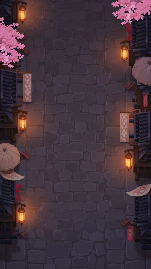 SBCJ2,The ancient style street scene picture features a stone paved road with irregular stones in the center,with a darker color tone. Traditional buildings are scattered on both sides of the road,adorned with warm yellow lanterns that emit a soft glow. The pink flowers (resembling cherry blossoms) add a gentle atmosphere,as well as patterned sun umbrellas,cloth flags (such as "wine" flags),and other elements,creating a classical,warm,and peaceful ancient atmosphere as a whole,