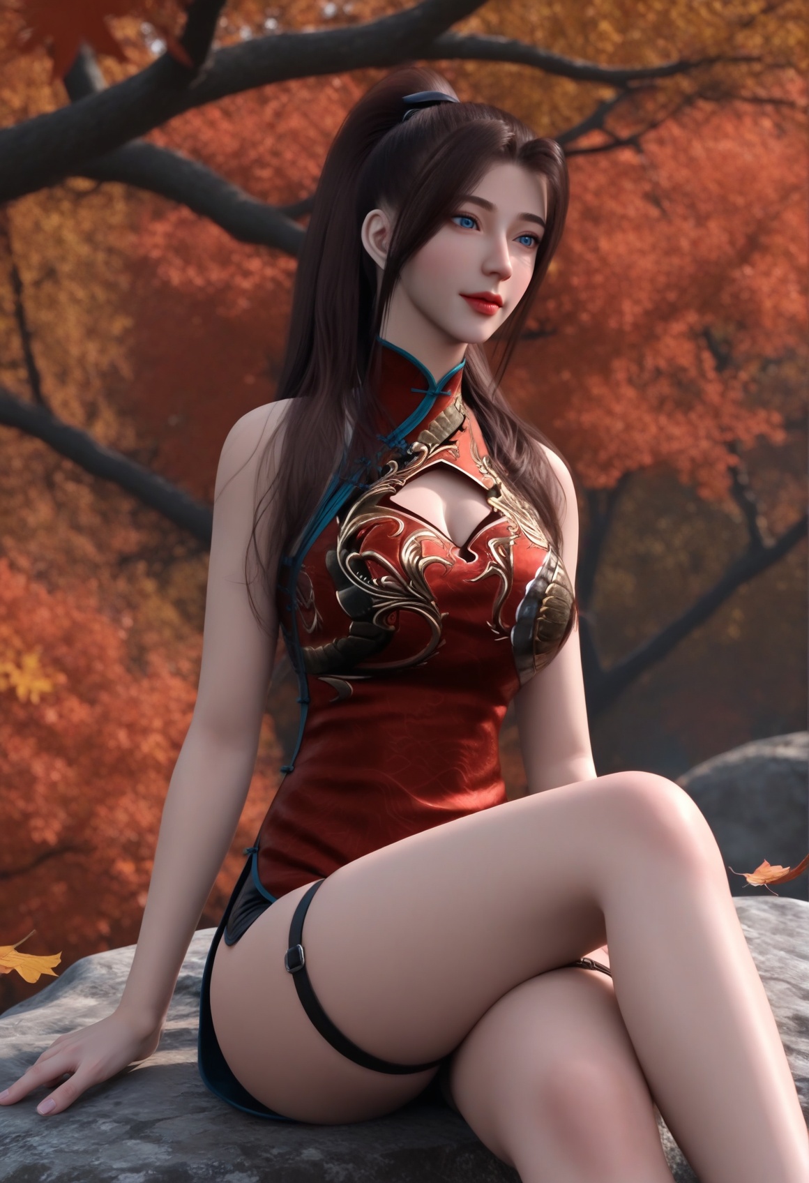 (score_9),<lora:唐紫尘-apony-000009:0.83>,tangzichen,(mature_female:1.1),solo,blue eyes,long hair,brown hair,ponytail,hair tie,china dress,cleavage cutout,thigh strap,(red_china_dress),short_shorts,bare legs,high heels,black thighhighs,<lora:Expressive_H-000001:0.8>,light blush,sitting,crossed legs,collarbone,(glamor:1.2),pointy breasts,puffy breasts,<lora:e肤色滑块:0.5>,fair_skin,(pale_skin),<lora:e色温:-0.35>,light skin,ultra-detailed skin texture,detailed textures,<lora:皮肤凹痕:1.2>,BREAKin autumn,grove,(maple_tree),(maple_leaf),leaf,autumn leaves,falling leaves,branch,twig,Tyndall effect,available light,depth of field,rock,4K ultra HD,sharp focus,high detail,natural lighting,high contrast,