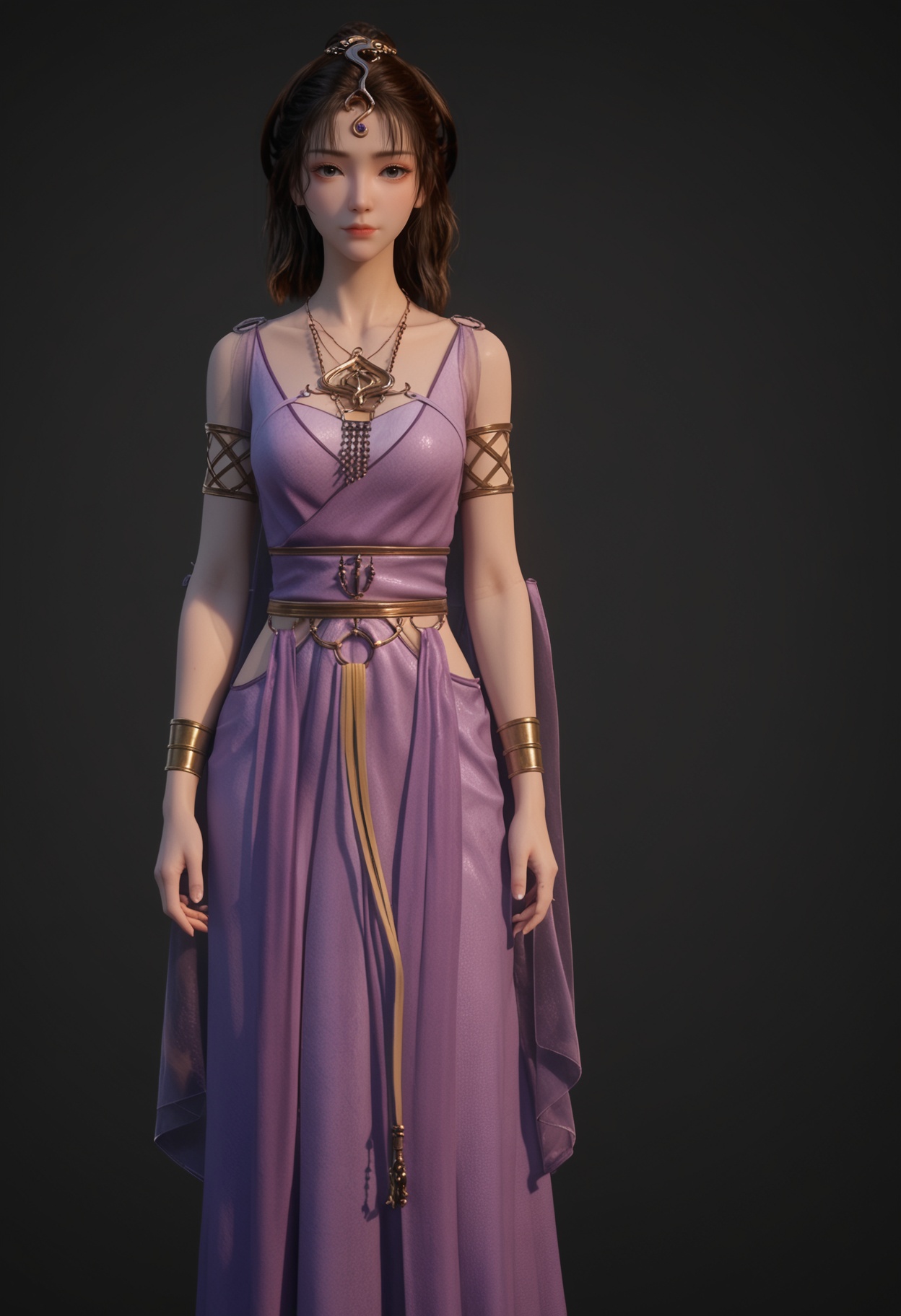 (cowboy shot:1.2),score_9,score_8_up,masterpiece,(best quality),intricate details,facing viewer,(looking at viewer:1.1),<lora:YQ_pony_wensiyue_V4:0.8>,q1528437228,1girl,solo,jewelry,blue dress,dress,purple dress,necklace,brown hair,long hair,black hair,hair ornament,bracelet,armlet,brown eyes,sandals,ponytail,sash,black eyes,blue eyes,BREAKscore_9,score_8_up,masterpiece,(best quality),perfect anatomy,(hourglass),perfect face,(simple background,pure black background,black background:1.1),fair_skin,shiny_skin,Ivory_skin,