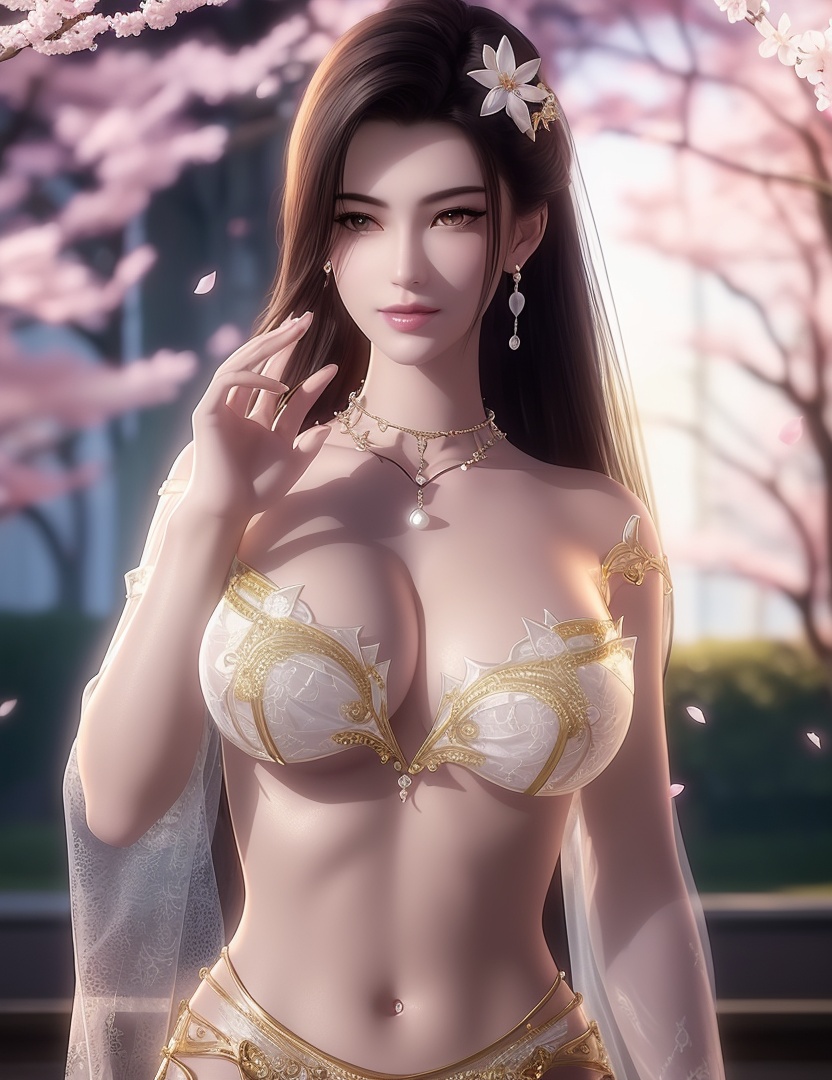 ultra realistic 8k cg, picture-perfect face, flawless, clean, masterpiece, professional artwork, famous artwork, cinematic lighting, cinematic bloom, perfect face, beautiful face, fantasy, dreamlike, unreal, science fiction,  beautiful clothes, lace, lace trim, lace-trimmed legwear,  (rich:1.4), prestige, luxury, jewelry, diamond, gold, pearl, gem, sapphire, ruby, emerald, intricate detail, delicate pattern, charming, alluring, seductive, erotic, enchanting, hair ornament, necklace, earrings, bracelet, armlet,halo((,1girl, pov,))(((,cherry blossoms, 1girl, solo, petals,looking at viewer, large breasts, hair flower, flower, outdoors, )))  <lora:DA_CaoNvYaoNightwear:0.6>